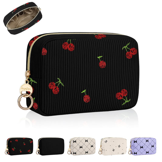 Playexen Small Makeup Bag, Multi Pockets Cherry Cosmetic Bag, Black - thewildfolk Playexen Small Makeup Bag, Multi Pockets Cherry Cosmetic Bag, Black
