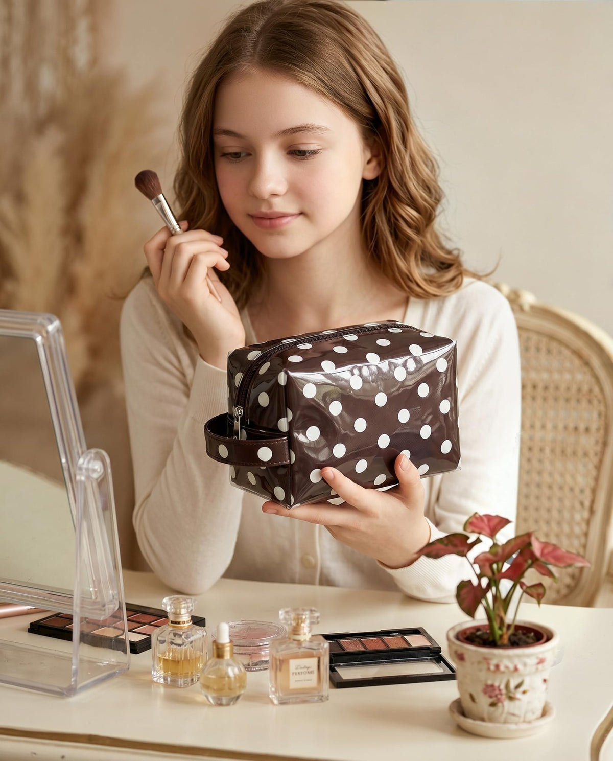 Preppy Coffee Beige Polka Dot Clear Cosmetic Bag, Waterproof PVC Travel Toiletry Bag, Travel Makeup Organizer Pouch with Zipper, Cute Aesthetic Travel Storage Bag for Women Girls (Dot-Coffee Beige) - thewildfolk Preppy Coffee Beige Polka Dot Clear Cosmetic Bag, Waterproof PVC Travel Toiletry Bag, Travel Makeup Organizer Pouch with Zipper, Cute Aesthetic Travel Storage Bag for Women Girls (Dot-Coffee Beige)