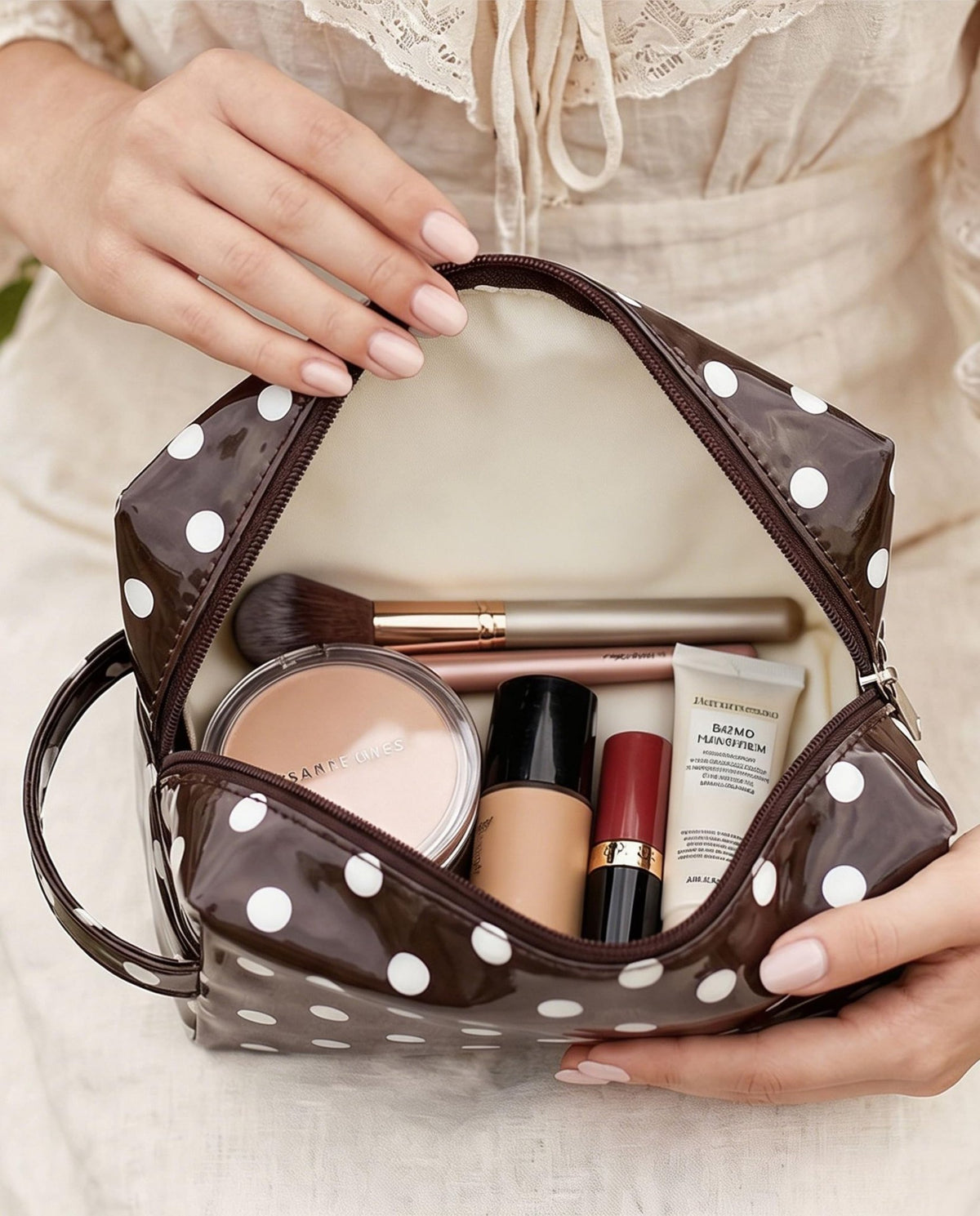 Preppy Coffee Beige Polka Dot Clear Cosmetic Bag, Waterproof PVC Travel Toiletry Bag, Travel Makeup Organizer Pouch with Zipper, Cute Aesthetic Travel Storage Bag for Women Girls (Dot-Coffee Beige) - thewildfolk Preppy Coffee Beige Polka Dot Clear Cosmetic Bag, Waterproof PVC Travel Toiletry Bag, Travel Makeup Organizer Pouch with Zipper, Cute Aesthetic Travel Storage Bag for Women Girls (Dot-Coffee Beige)