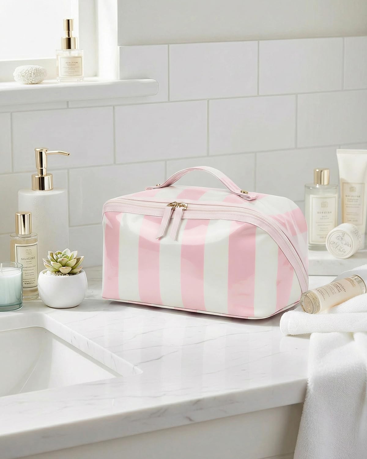 Preppy Stripe Clear Travel Makeup Bag, Waterproof Glossy PVC Cosmetic Organizer with Handle, Large Capacity Toiletry Bag for Women,Travel Organizer Zipper Pouch Beach Vacation Essentials (Pink White) - thewildfolk Preppy Stripe Clear Travel Makeup Bag, Waterproof Glossy PVC Cosmetic Organizer with Handle, Large Capacity Toiletry Bag for Women,Travel Organizer Zipper Pouch Beach Vacation Essentials (Pink White)