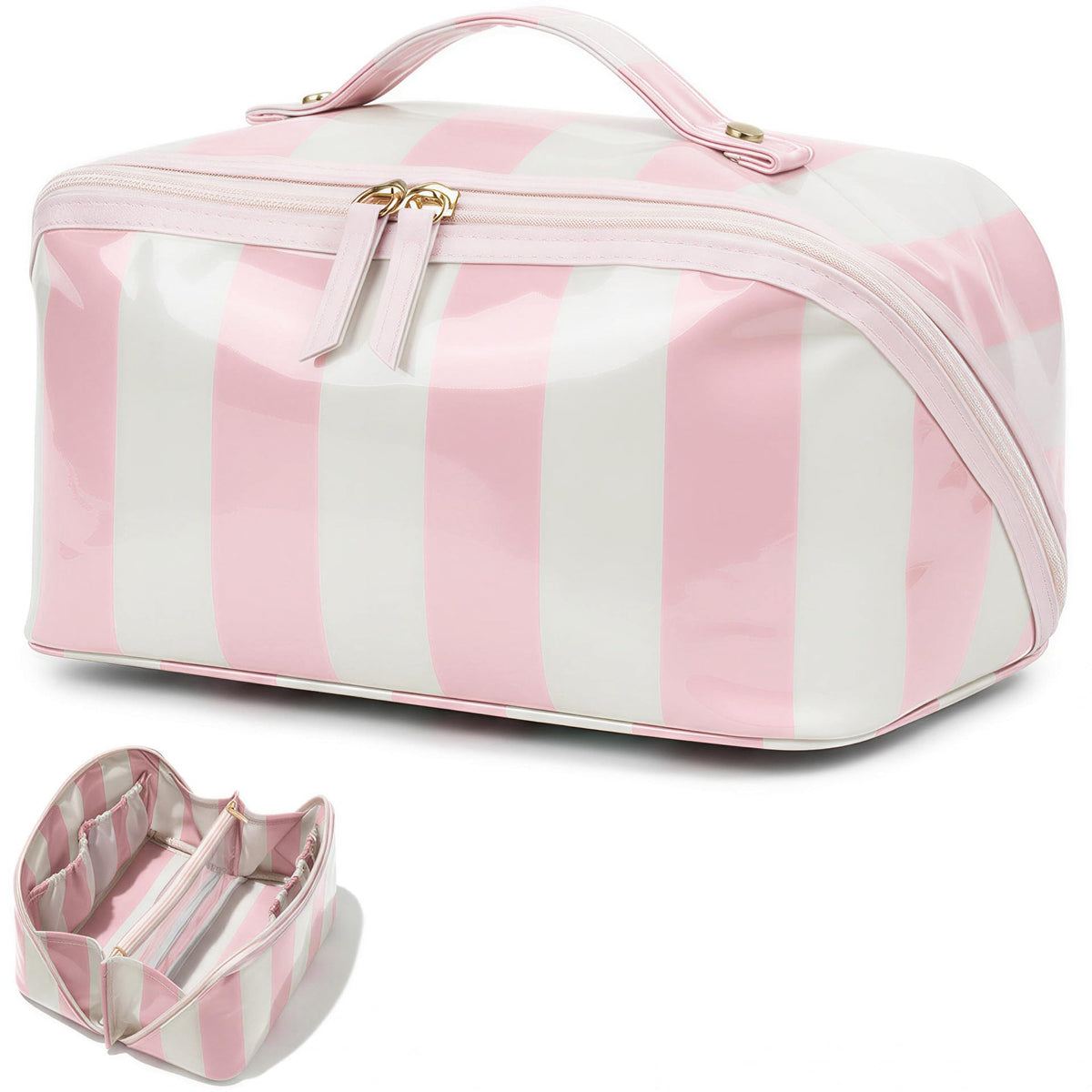 Preppy Stripe Clear Travel Makeup Bag, Waterproof Glossy PVC Cosmetic Organizer with Handle, Large Capacity Toiletry Bag for Women,Travel Organizer Zipper Pouch Beach Vacation Essentials (Pink White) - thewildfolk Preppy Stripe Clear Travel Makeup Bag, Waterproof Glossy PVC Cosmetic Organizer with Handle, Large Capacity Toiletry Bag for Women,Travel Organizer Zipper Pouch Beach Vacation Essentials (Pink White)