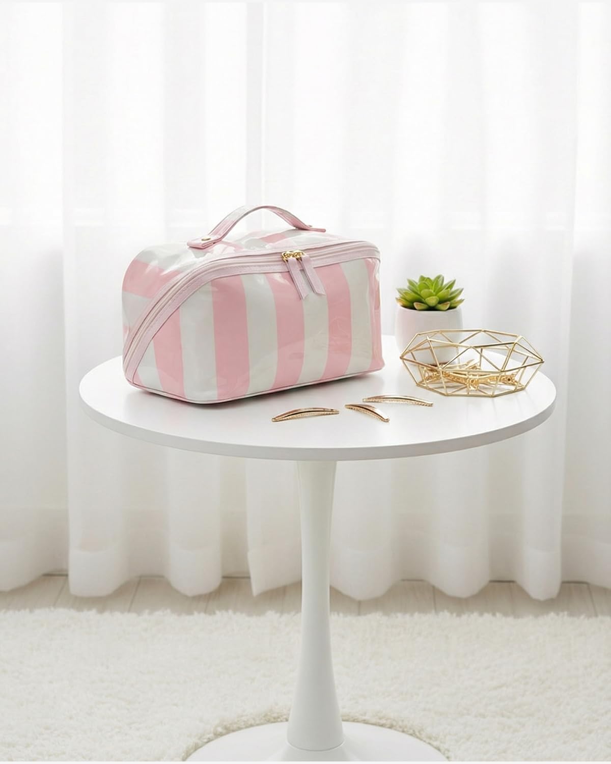 Preppy Stripe Clear Travel Makeup Bag, Waterproof Glossy PVC Cosmetic Organizer with Handle, Large Capacity Toiletry Bag for Women,Travel Organizer Zipper Pouch Beach Vacation Essentials (Pink White) - thewildfolk Preppy Stripe Clear Travel Makeup Bag, Waterproof Glossy PVC Cosmetic Organizer with Handle, Large Capacity Toiletry Bag for Women,Travel Organizer Zipper Pouch Beach Vacation Essentials (Pink White)