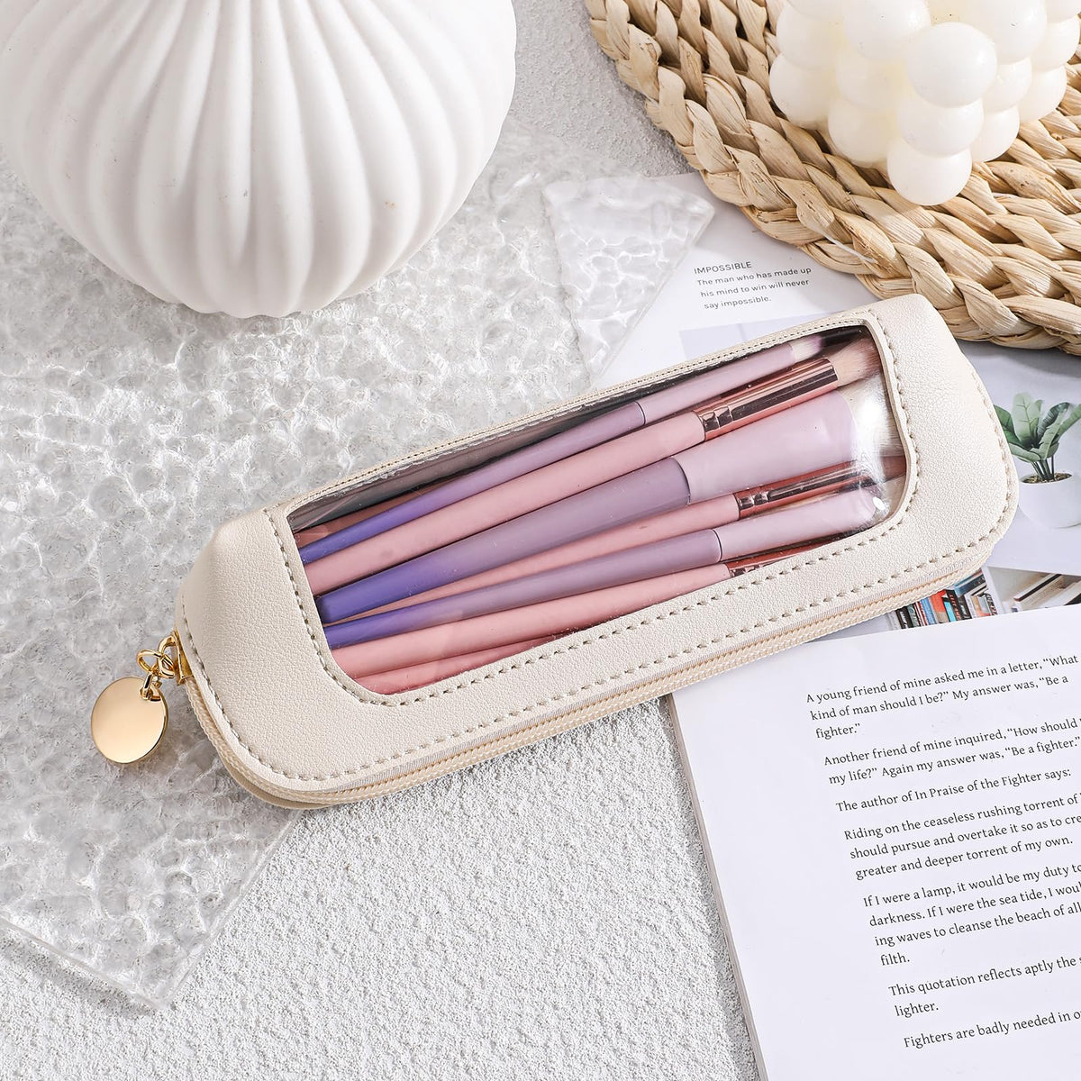 Psyqtsuary Small Clear Makeup Bag, PU Leather Travel Makeup Brush Case Portable Transparent Waterproof Cosmetic Organizer Pouch with Zipper for Women Home Travel Office Cosmetic Storage (Beige) - thewildfolk Psyqtsuary Small Clear Makeup Bag, PU Leather Travel Makeup Brush Case Portable Transparent Waterproof Cosmetic Organizer Pouch with Zipper for Women Home Travel Office Cosmetic Storage (Beige)