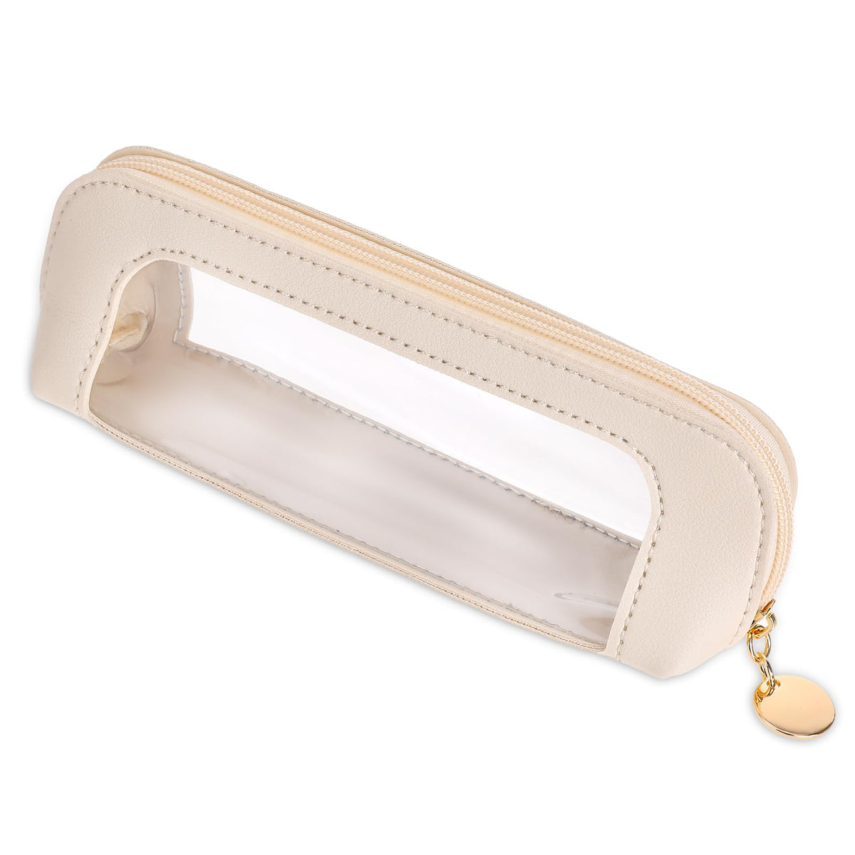 Psyqtsuary Small Clear Makeup Bag, PU Leather Travel Makeup Brush Case Portable Transparent Waterproof Cosmetic Organizer Pouch with Zipper for Women Home Travel Office Cosmetic Storage (Beige) - thewildfolk Psyqtsuary Small Clear Makeup Bag, PU Leather Travel Makeup Brush Case Portable Transparent Waterproof Cosmetic Organizer Pouch with Zipper for Women Home Travel Office Cosmetic Storage (Beige)