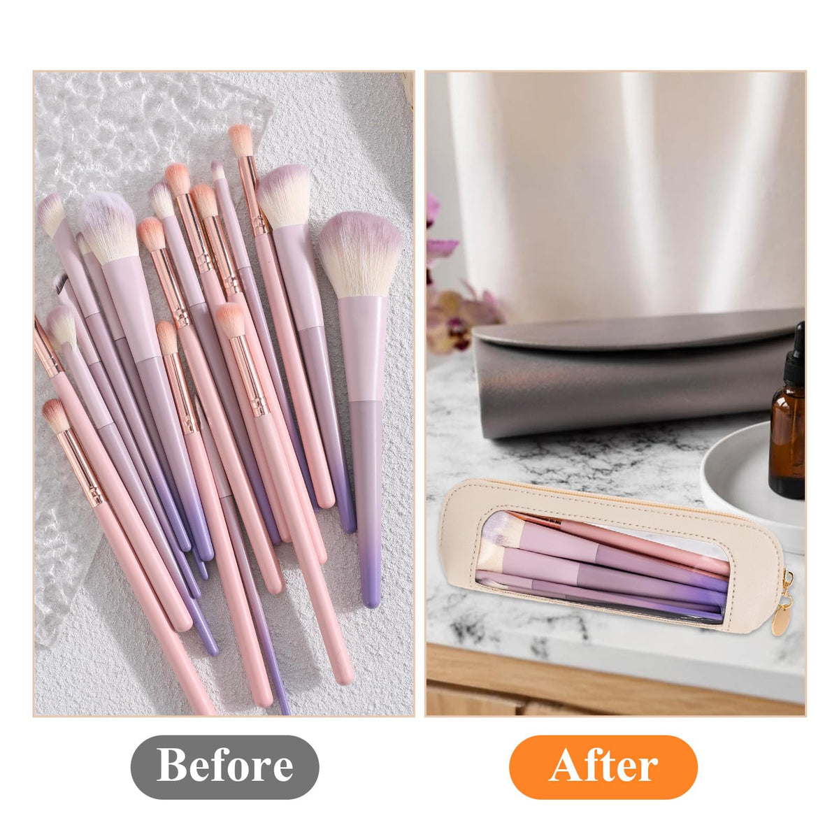 Psyqtsuary Small Clear Makeup Bag, PU Leather Travel Makeup Brush Case Portable Transparent Waterproof Cosmetic Organizer Pouch with Zipper for Women Home Travel Office Cosmetic Storage (Beige) - thewildfolk Psyqtsuary Small Clear Makeup Bag, PU Leather Travel Makeup Brush Case Portable Transparent Waterproof Cosmetic Organizer Pouch with Zipper for Women Home Travel Office Cosmetic Storage (Beige)