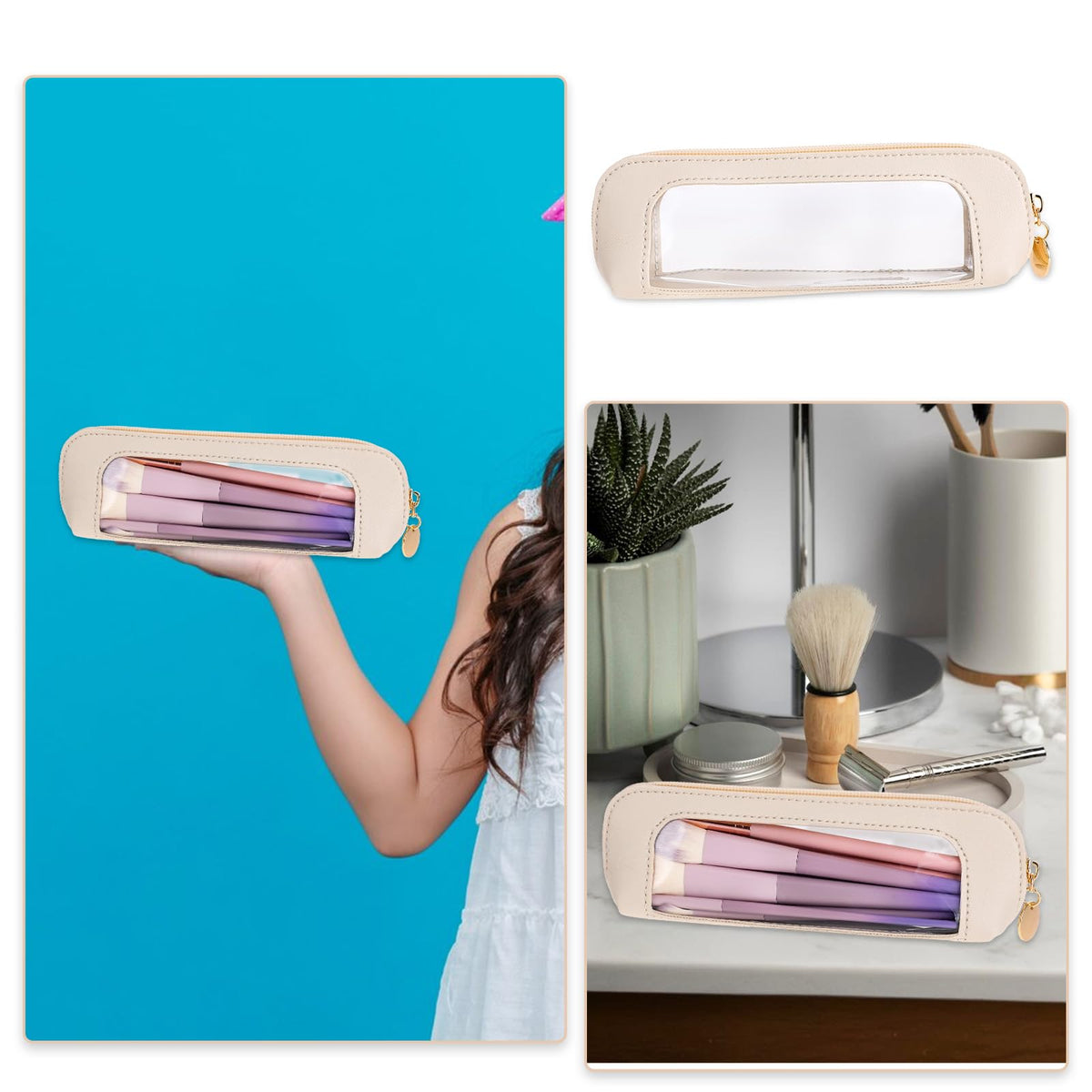Psyqtsuary Small Clear Makeup Bag, PU Leather Travel Makeup Brush Case Portable Transparent Waterproof Cosmetic Organizer Pouch with Zipper for Women Home Travel Office Cosmetic Storage (Beige) - thewildfolk Psyqtsuary Small Clear Makeup Bag, PU Leather Travel Makeup Brush Case Portable Transparent Waterproof Cosmetic Organizer Pouch with Zipper for Women Home Travel Office Cosmetic Storage (Beige)