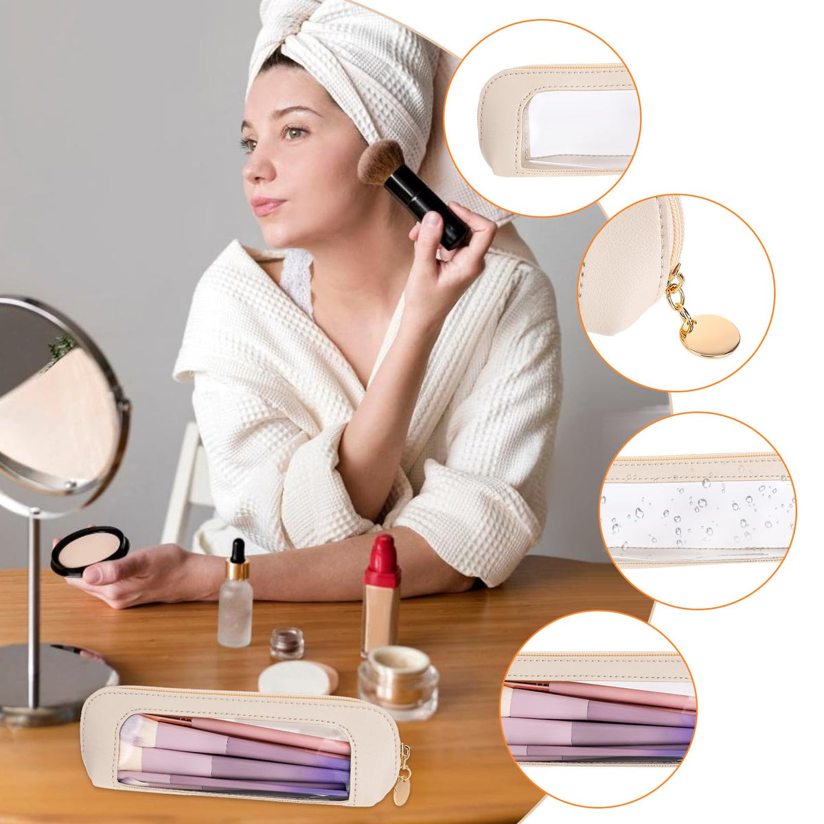 Psyqtsuary Small Clear Makeup Bag, PU Leather Travel Makeup Brush Case Portable Transparent Waterproof Cosmetic Organizer Pouch with Zipper for Women Home Travel Office Cosmetic Storage (Beige) - thewildfolk Psyqtsuary Small Clear Makeup Bag, PU Leather Travel Makeup Brush Case Portable Transparent Waterproof Cosmetic Organizer Pouch with Zipper for Women Home Travel Office Cosmetic Storage (Beige)