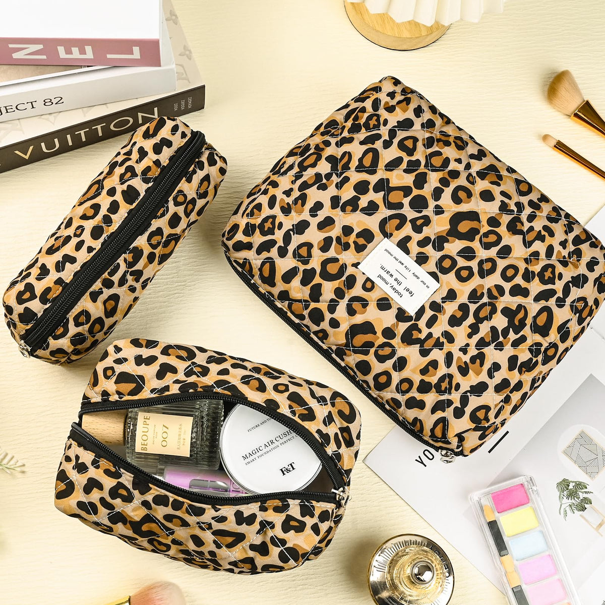 Puchifoda Quilted Makeup Bag Set,3 Pcs Puffy Cosmetic Bags Aesthetic Make Up Bags,Small Zipper Pouch,Travel Toiletry Bag Purse Organizer Pouches for Women (Leopard-Print) - thewildfolk Puchifoda Quilted Makeup Bag Set,3 Pcs Puffy Cosmetic Bags Aesthetic Make Up Bags,Small Zipper Pouch,Travel Toiletry Bag Purse Organizer Pouches for Women (Leopard-Print)