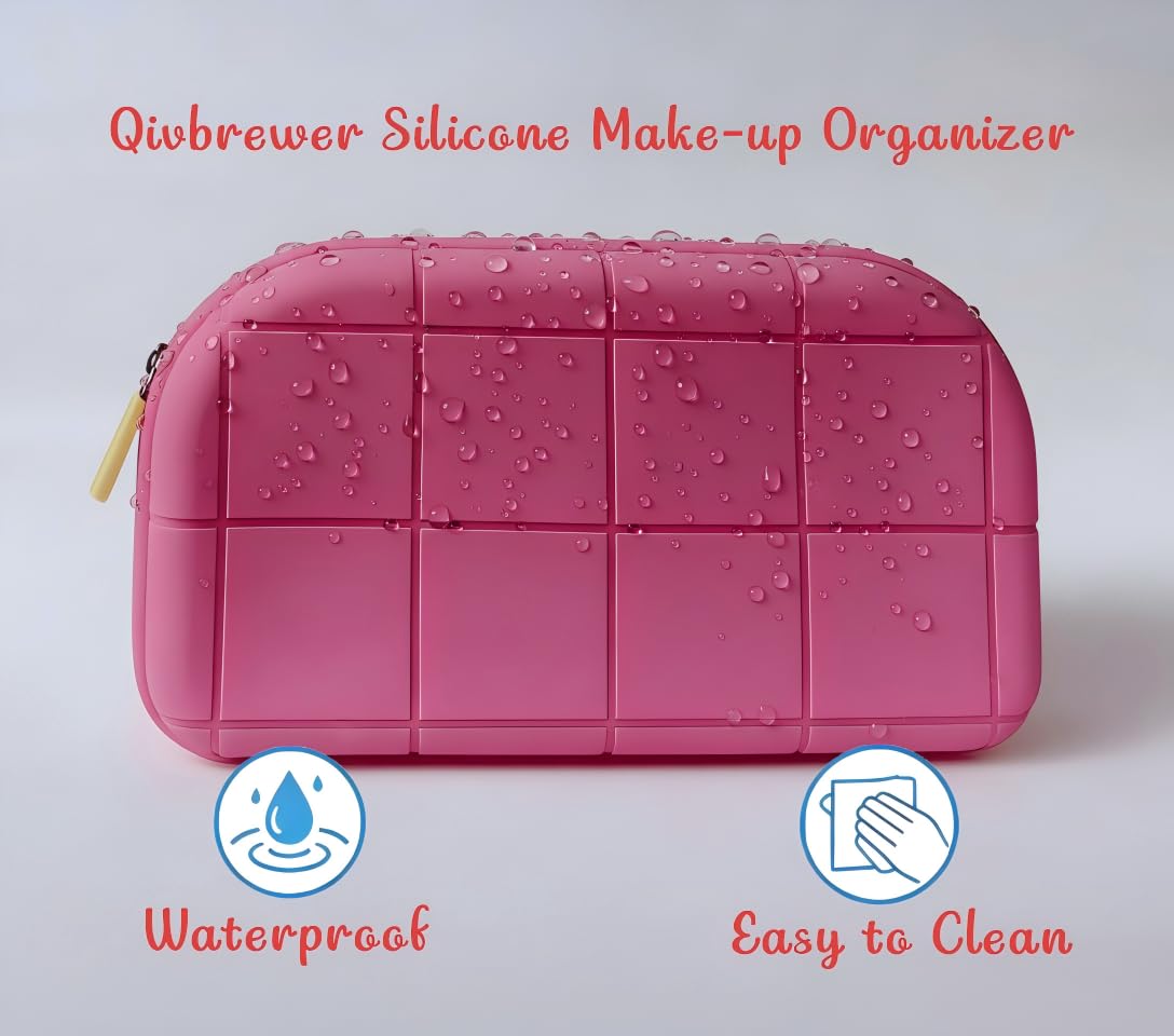 Qivbrewer Silicone Makeup Bag - Waterproof Cosmetic Organizer for Travel Versatile Small Toiletry Bag & Cute Makeup Bag for Women & Girls (Pink) - thewildfolk Qivbrewer Silicone Makeup Bag - Waterproof Cosmetic Organizer for Travel Versatile Small Toiletry Bag & Cute Makeup Bag for Women & Girls (Pink)