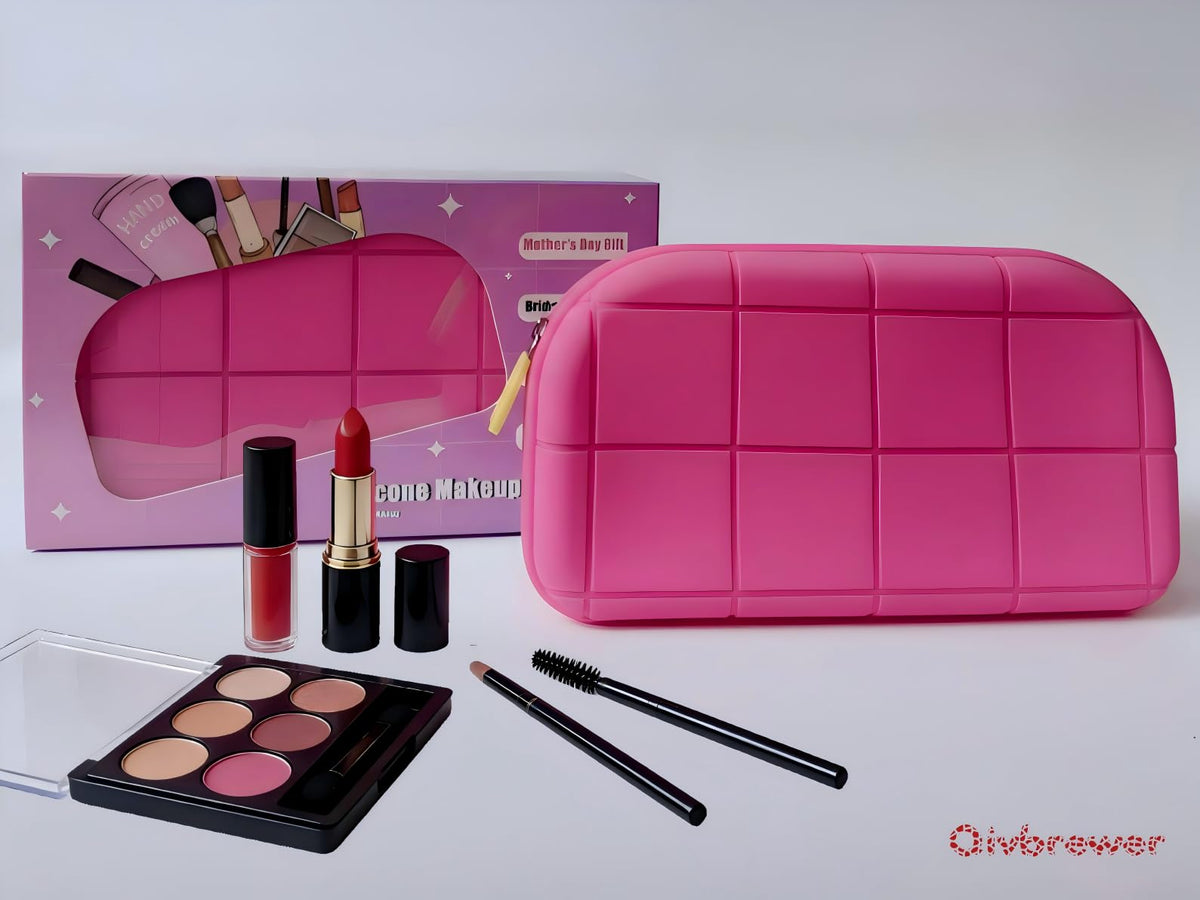 Qivbrewer Silicone Makeup Bag - Waterproof Cosmetic Organizer for Travel Versatile Small Toiletry Bag & Cute Makeup Bag for Women & Girls (Pink) - thewildfolk Qivbrewer Silicone Makeup Bag - Waterproof Cosmetic Organizer for Travel Versatile Small Toiletry Bag & Cute Makeup Bag for Women & Girls (Pink)