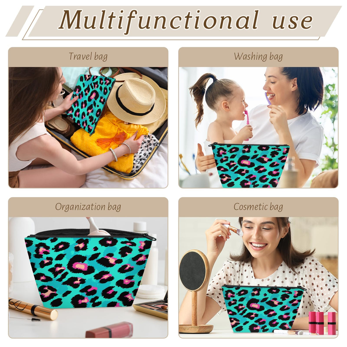 QsirBC Waterproof Makeup Bag Travel Cosmetic Pouch Multi Functional Organizer for Women Travel Gym Camping Gifts Leopard Jade Green - thewildfolk QsirBC Waterproof Makeup Bag Travel Cosmetic Pouch Multi Functional Organizer for Women Travel Gym Camping Gifts Leopard Jade Green