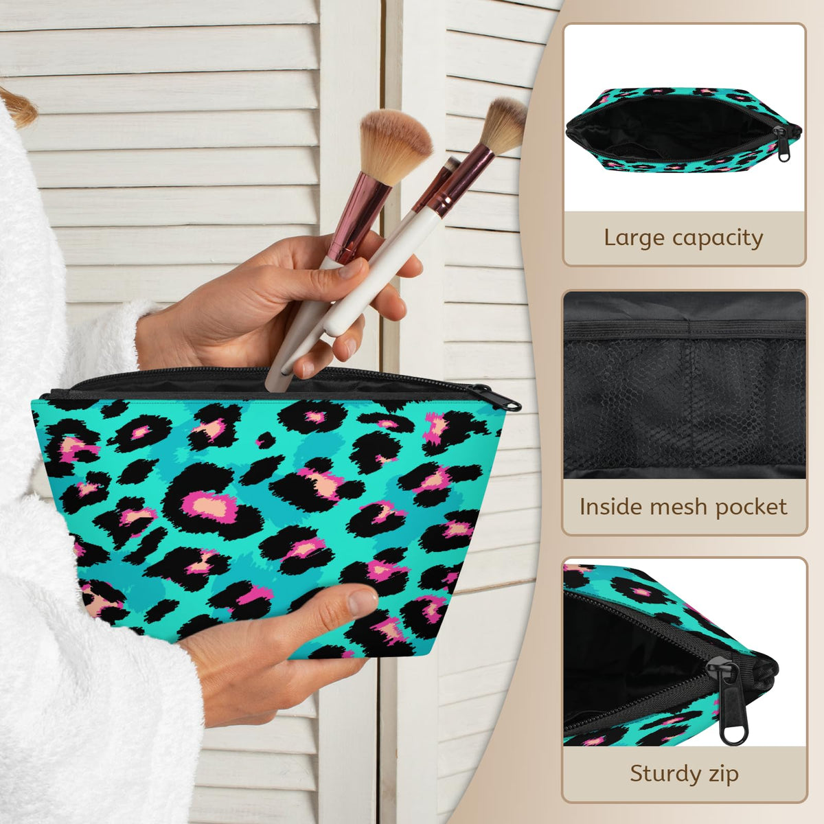 QsirBC Waterproof Makeup Bag Travel Cosmetic Pouch Multi Functional Organizer for Women Travel Gym Camping Gifts Leopard Jade Green - thewildfolk QsirBC Waterproof Makeup Bag Travel Cosmetic Pouch Multi Functional Organizer for Women Travel Gym Camping Gifts Leopard Jade Green