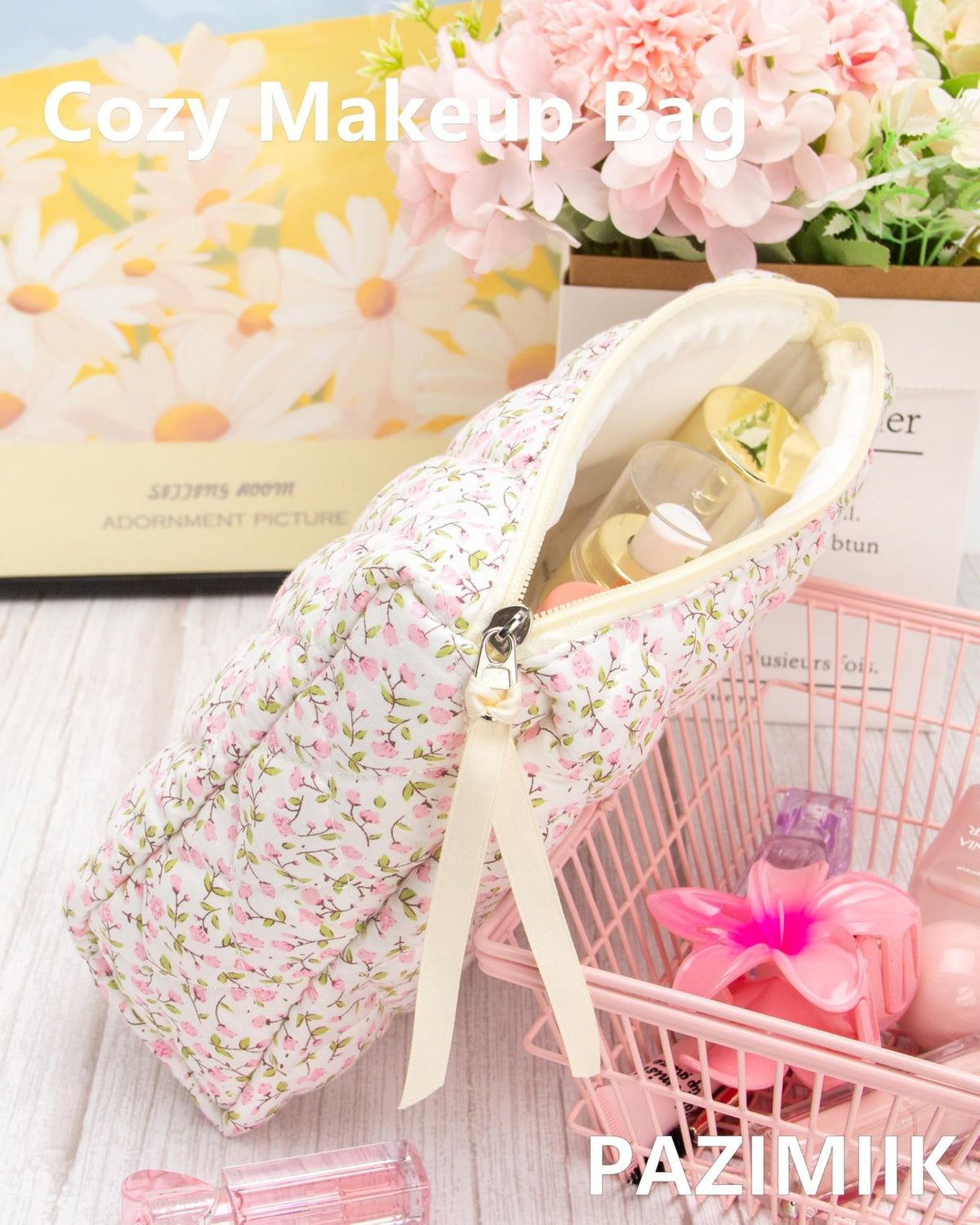 Quilted Makeup Pouch for Women, Travel Cosmetic&Toiletry Bag,Floral Pink - thewildfolk Quilted Makeup Pouch for Women, Travel Cosmetic&Toiletry Bag,Floral Pink