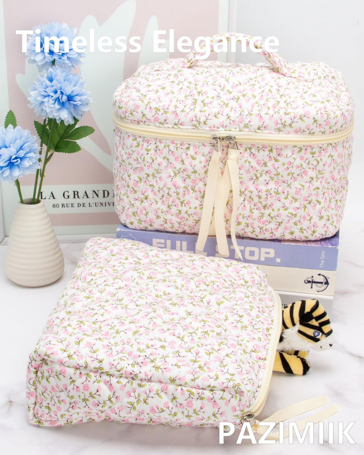 Quilted Makeup Pouch for Women, Travel Cosmetic&Toiletry Bag,Floral Pink - thewildfolk Quilted Makeup Pouch for Women, Travel Cosmetic&Toiletry Bag,Floral Pink