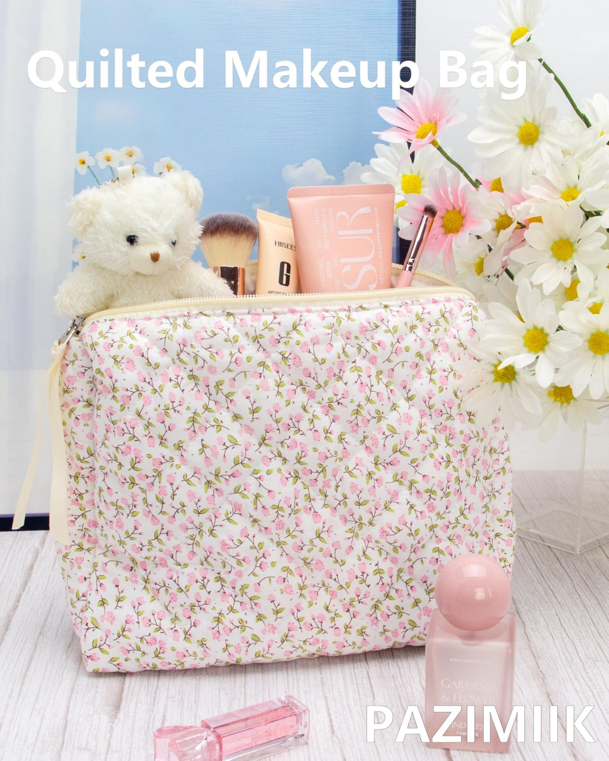 Quilted Makeup Pouch for Women, Travel Cosmetic&Toiletry Bag,Floral Pink - thewildfolk Quilted Makeup Pouch for Women, Travel Cosmetic&Toiletry Bag,Floral Pink