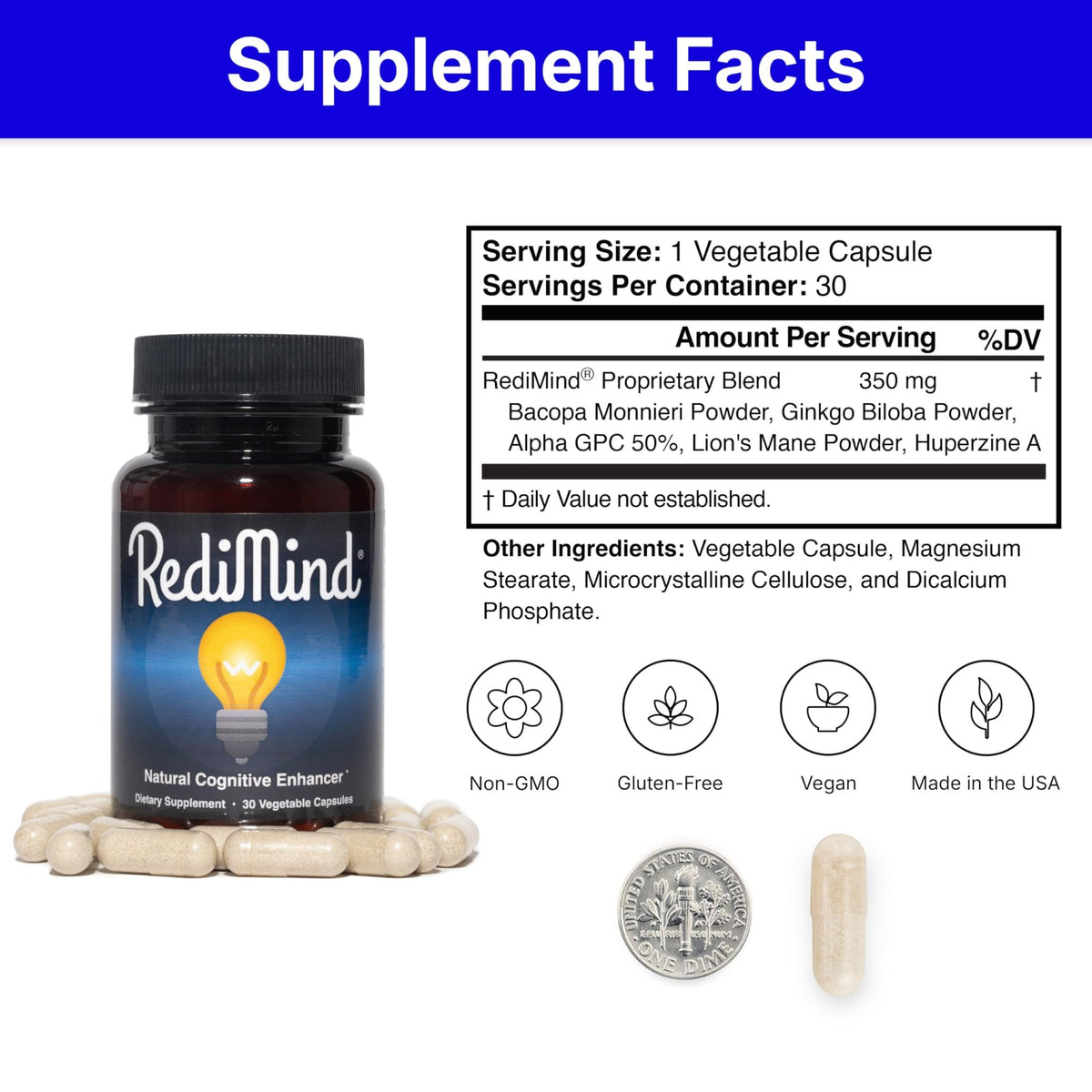 RediMind Natural Cognitive Support and Brain Supplement, Vegan, Gluten-Free - thewildfolk RediMind Natural Cognitive Support and Brain Supplement, Vegan, Gluten-Free