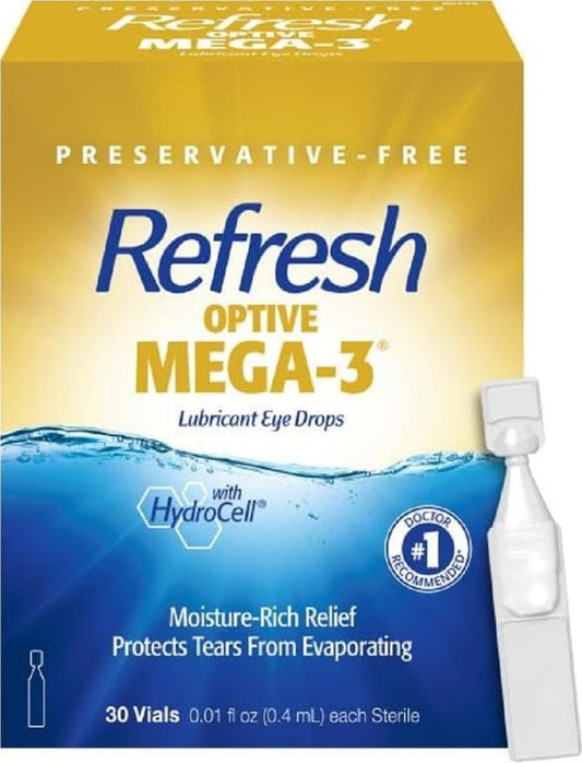 REFRESH OPTIVE MEGA-3 Lubricant Eye Drops Preservative-Free Artificial Tears, 0.01 fl oz (0.4 mL), 30 Single-Use Containers - thewildfolk REFRESH OPTIVE MEGA-3 Lubricant Eye Drops Preservative-Free Artificial Tears, 0.01 fl oz (0.4 mL), 30 Single-Use Containers