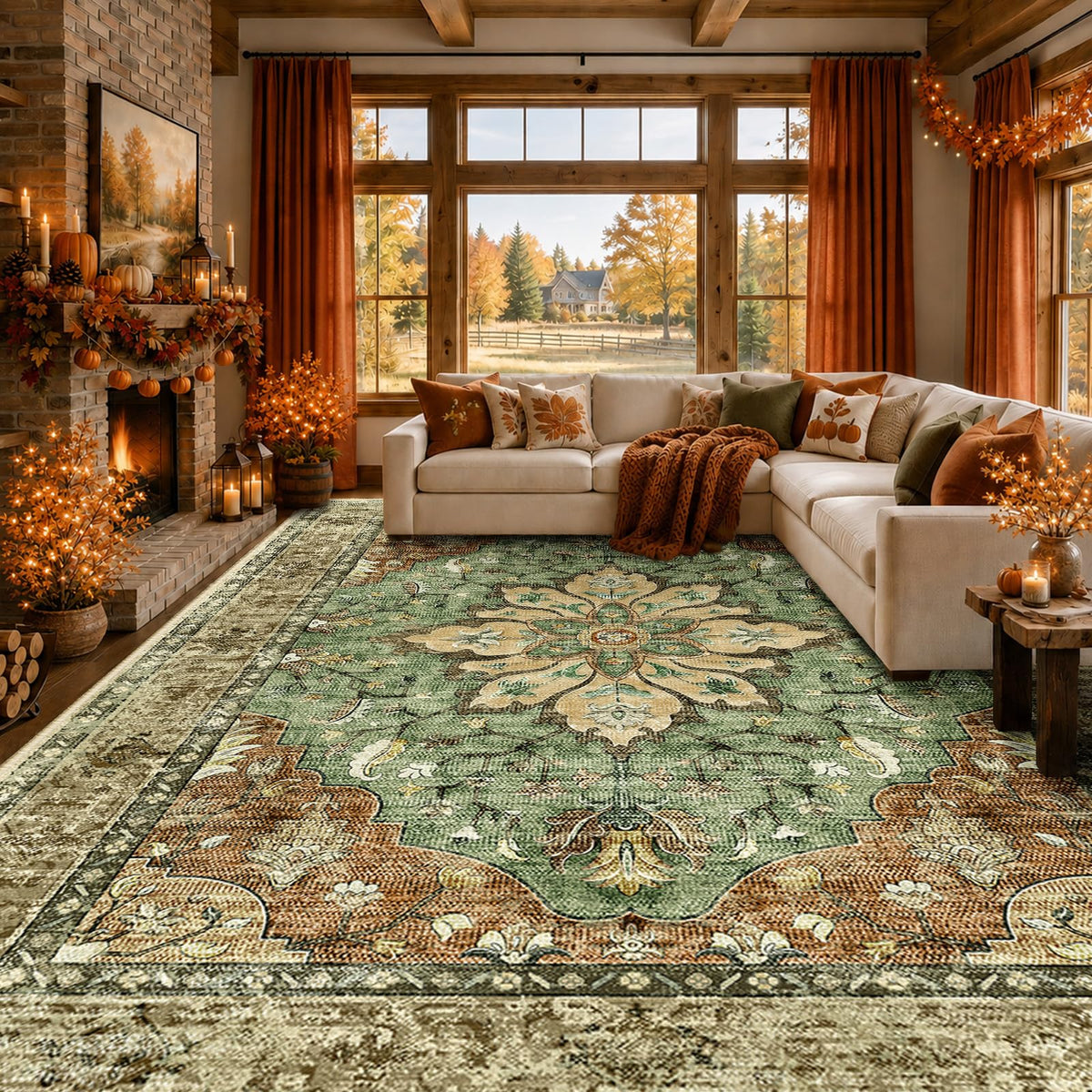 RELEANY Washable Area Rug, 8'x10', Brick/Brown/Green - thewildfolk RELEANY Washable Area Rug, 8'x10', Brick/Brown/Green