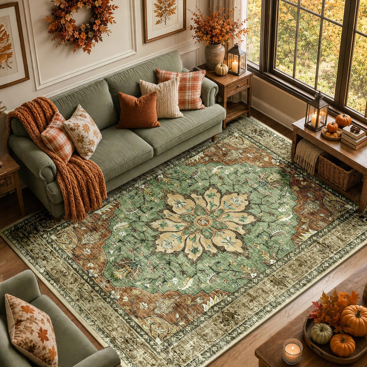 RELEANY Washable Area Rug, 8'x10', Brick/Brown/Green - thewildfolk RELEANY Washable Area Rug, 8'x10', Brick/Brown/Green