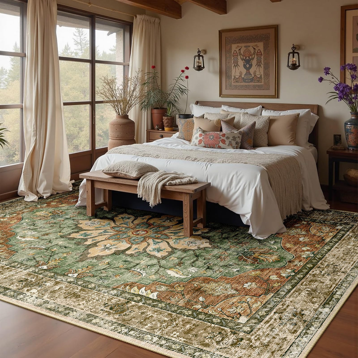 RELEANY Washable Area Rug, 8'x10', Brick/Brown/Green - thewildfolk RELEANY Washable Area Rug, 8'x10', Brick/Brown/Green