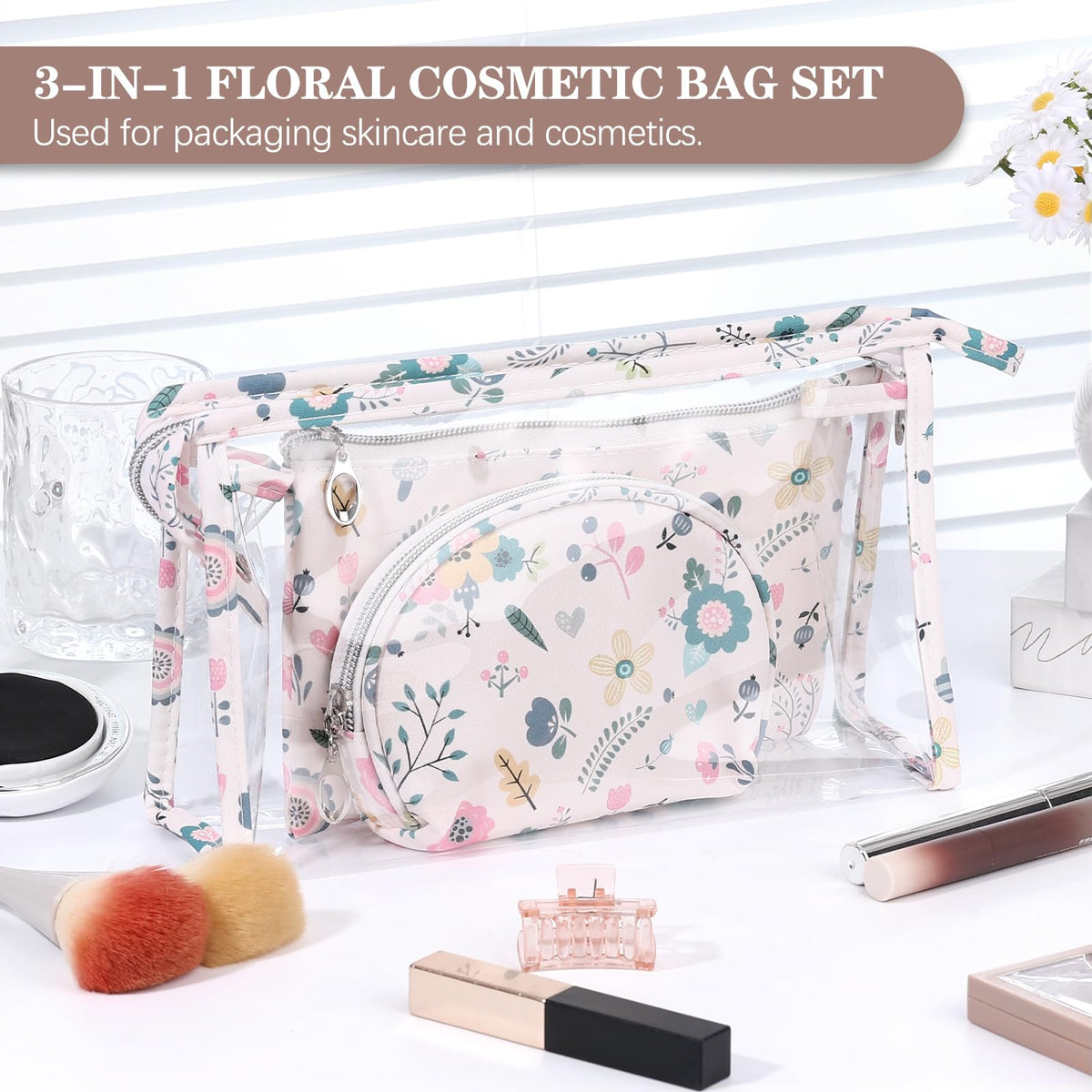 Richeart Makeup Bag, Clear Bag with Zipper, 3PC Floral Flowers Makeup Pouch, Waterproof Small Pouch, Portable Travel Toiletry Bag, C - thewildfolk Richeart Makeup Bag, Clear Bag with Zipper, 3PC Floral Flowers Makeup Pouch, Waterproof Small Pouch, Portable Travel Toiletry Bag, C