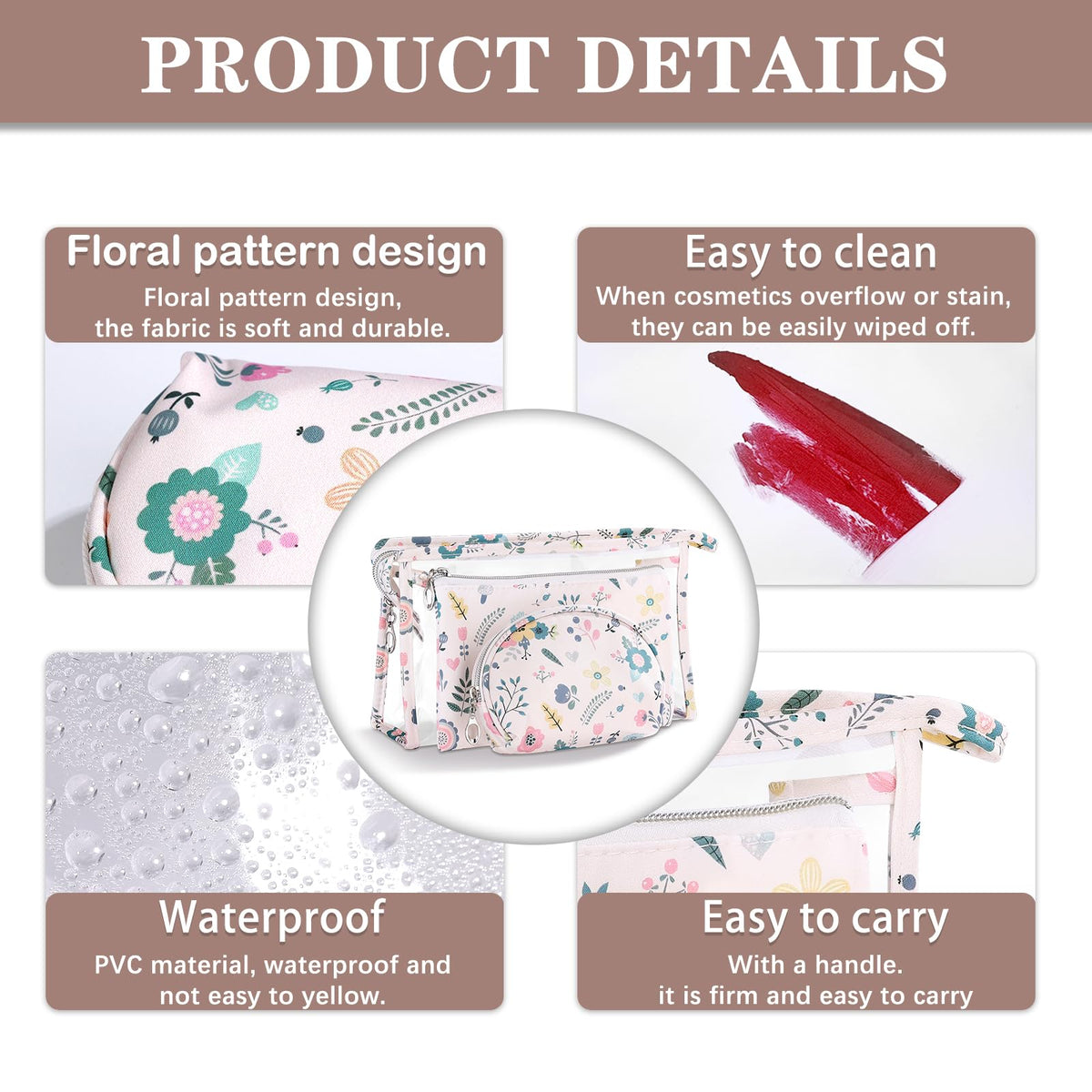 Richeart Makeup Bag, Clear Bag with Zipper, 3PC Floral Flowers Makeup Pouch, Waterproof Small Pouch, Portable Travel Toiletry Bag, C - thewildfolk Richeart Makeup Bag, Clear Bag with Zipper, 3PC Floral Flowers Makeup Pouch, Waterproof Small Pouch, Portable Travel Toiletry Bag, C