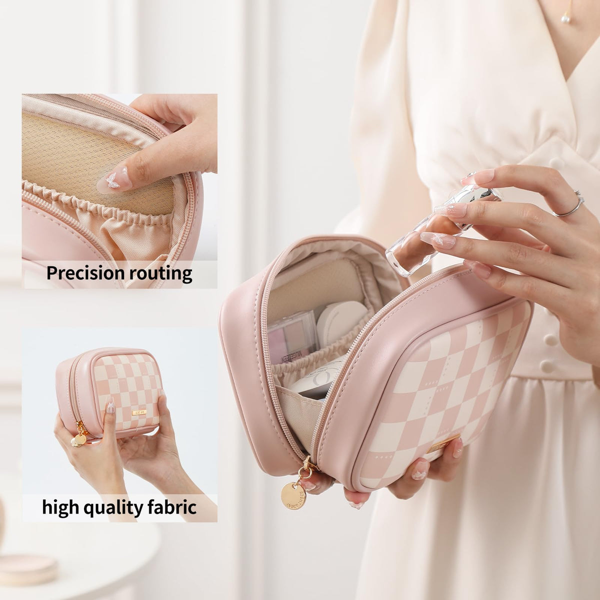 RIGHT AWAY Checkered Makeup Bag for Purse,Small Cosmetic Bag Organizer for Women, Travel Make Up Pouch Waterproof Toiletry Bag Cute Makeup Case for Travel Accessories(Pink Checkerboard) - thewildfolk RIGHT AWAY Checkered Makeup Bag for Purse,Small Cosmetic Bag Organizer for Women, Travel Make Up Pouch Waterproof Toiletry Bag Cute Makeup Case for Travel Accessories(Pink Checkerboard)