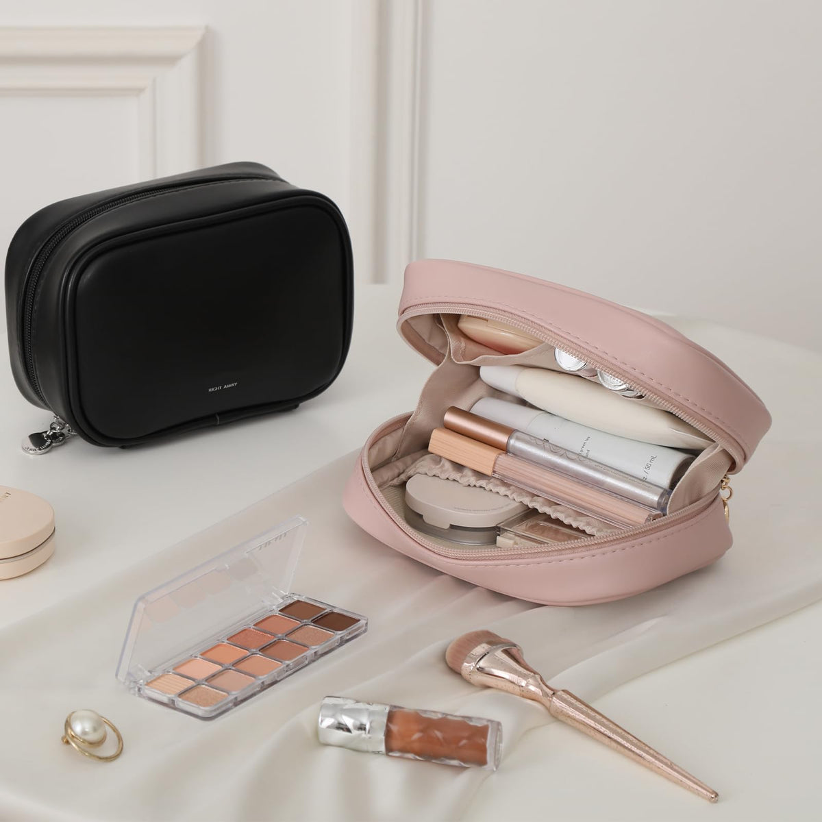 RIGHT AWAY Small Makeup Bag for Purse,Cosmetic Bag Organizer for Women,Waterproof PU Leather Make Up Pouch Toiletry Bag with Pockets,Portable Makeup Case for Travel Accessories&Accessories(Pink) - thewildfolk RIGHT AWAY Small Makeup Bag for Purse,Cosmetic Bag Organizer for Women,Waterproof PU Leather Make Up Pouch Toiletry Bag with Pockets,Portable Makeup Case for Travel Accessories&Accessories(Pink)