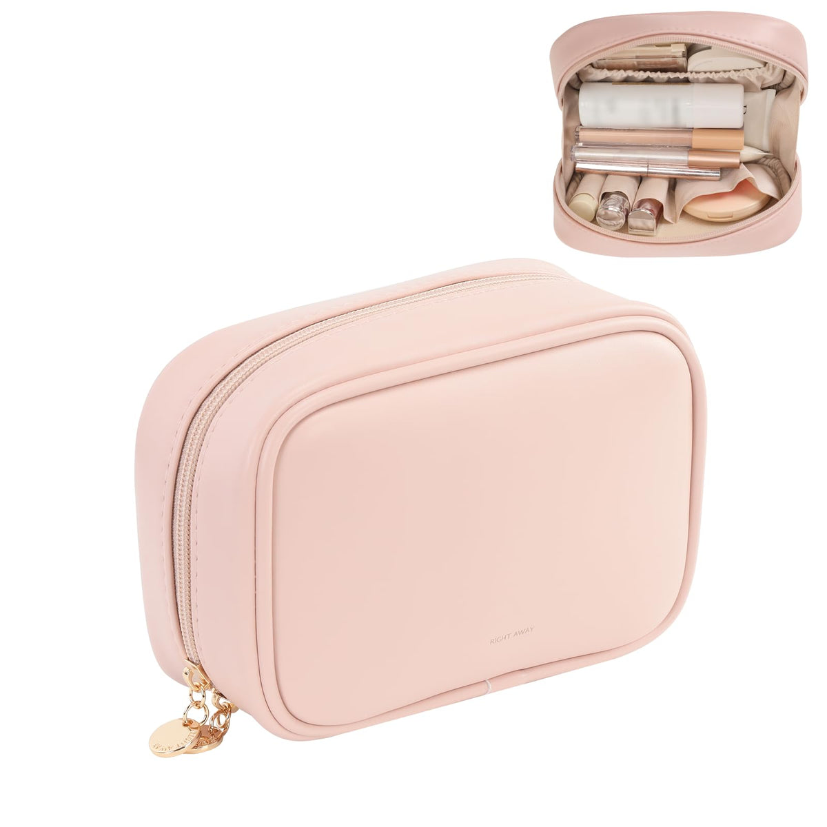 RIGHT AWAY Small Makeup Bag for Purse,Cosmetic Bag Organizer for Women,Waterproof PU Leather Make Up Pouch Toiletry Bag with Pockets,Portable Makeup Case for Travel Accessories&Accessories(Pink) - thewildfolk RIGHT AWAY Small Makeup Bag for Purse,Cosmetic Bag Organizer for Women,Waterproof PU Leather Make Up Pouch Toiletry Bag with Pockets,Portable Makeup Case for Travel Accessories&Accessories(Pink)