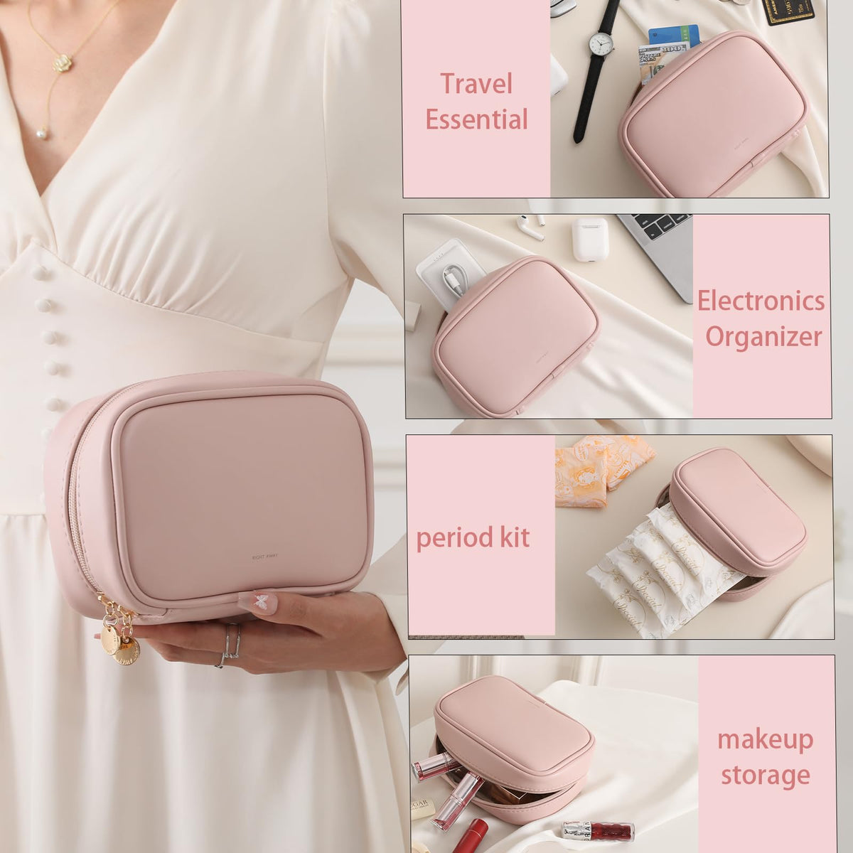 RIGHT AWAY Small Makeup Bag for Purse,Cosmetic Bag Organizer for Women,Waterproof PU Leather Make Up Pouch Toiletry Bag with Pockets,Portable Makeup Case for Travel Accessories&Accessories(Pink) - thewildfolk RIGHT AWAY Small Makeup Bag for Purse,Cosmetic Bag Organizer for Women,Waterproof PU Leather Make Up Pouch Toiletry Bag with Pockets,Portable Makeup Case for Travel Accessories&Accessories(Pink)