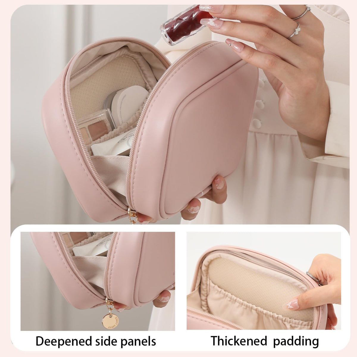RIGHT AWAY Small Makeup Bag for Purse,Cosmetic Bag Organizer for Women,Waterproof PU Leather Make Up Pouch Toiletry Bag with Pockets,Portable Makeup Case for Travel Accessories&Accessories(Pink) - thewildfolk RIGHT AWAY Small Makeup Bag for Purse,Cosmetic Bag Organizer for Women,Waterproof PU Leather Make Up Pouch Toiletry Bag with Pockets,Portable Makeup Case for Travel Accessories&Accessories(Pink)