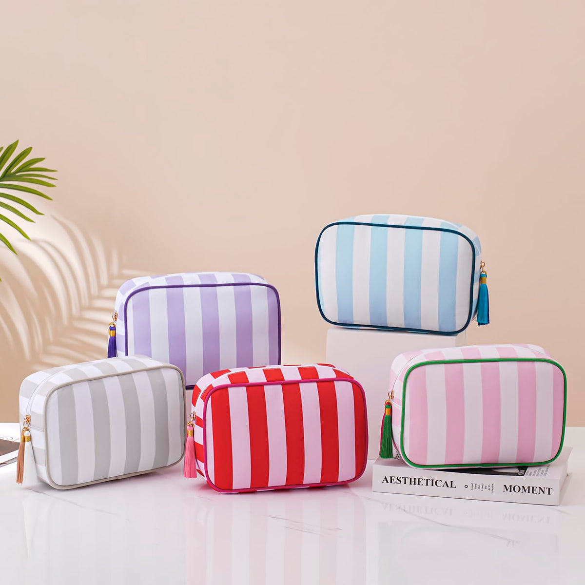RSRSLEII Large Striped Travel Makeup Bag, Tassel Zippered Toiletry Bag,Pink - thewildfolk RSRSLEII Large Striped Travel Makeup Bag, Tassel Zippered Toiletry Bag,Pink