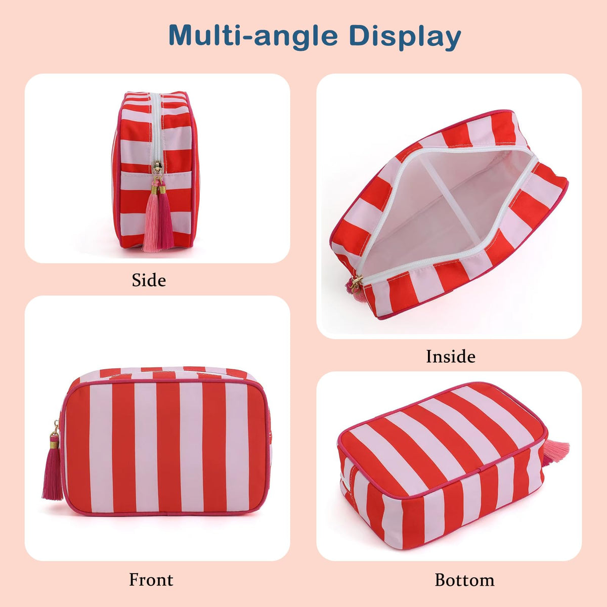 RSRSLEII Large Striped Travel Makeup Bag, Tassel Zippered Toiletry Bag,Pink - thewildfolk RSRSLEII Large Striped Travel Makeup Bag, Tassel Zippered Toiletry Bag,Pink