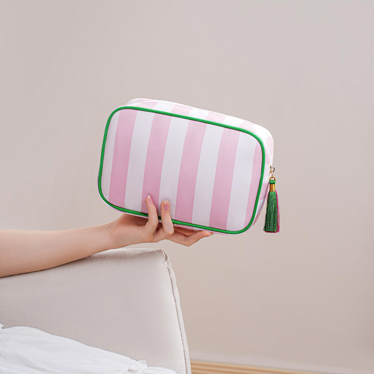 RSRSLEII Large Striped Travel Makeup Bag, Tassel Zippered Toiletry Bag,Pink - thewildfolk RSRSLEII Large Striped Travel Makeup Bag, Tassel Zippered Toiletry Bag,Pink