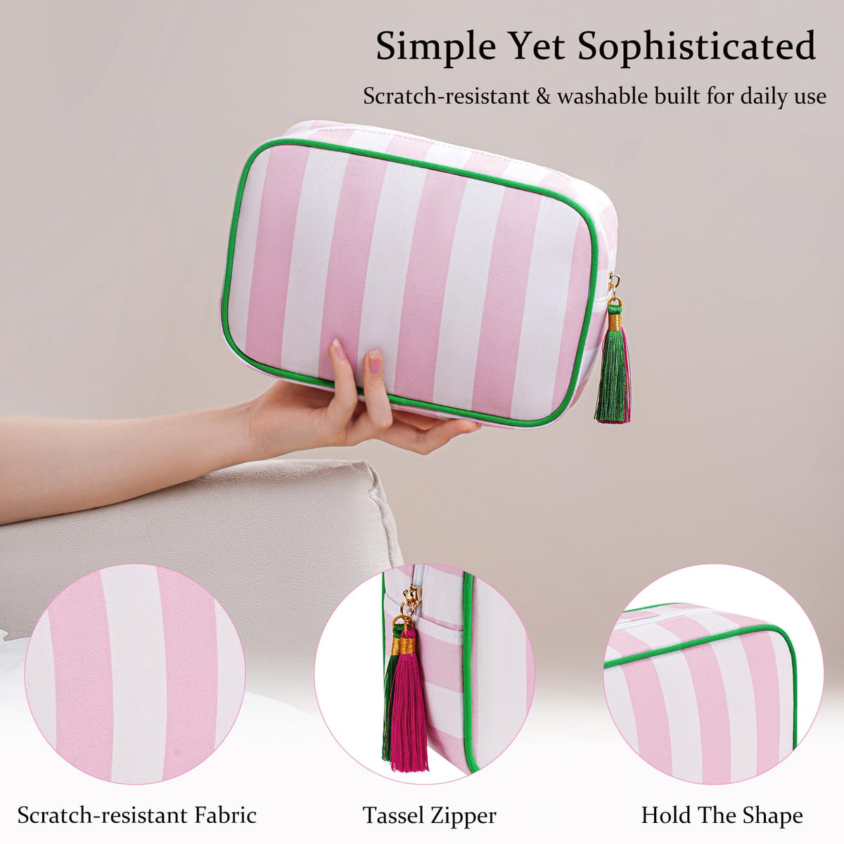 RSRSLEII Large Striped Travel Makeup Bag, Tassel Zippered Toiletry Bag,Pink - thewildfolk RSRSLEII Large Striped Travel Makeup Bag, Tassel Zippered Toiletry Bag,Pink