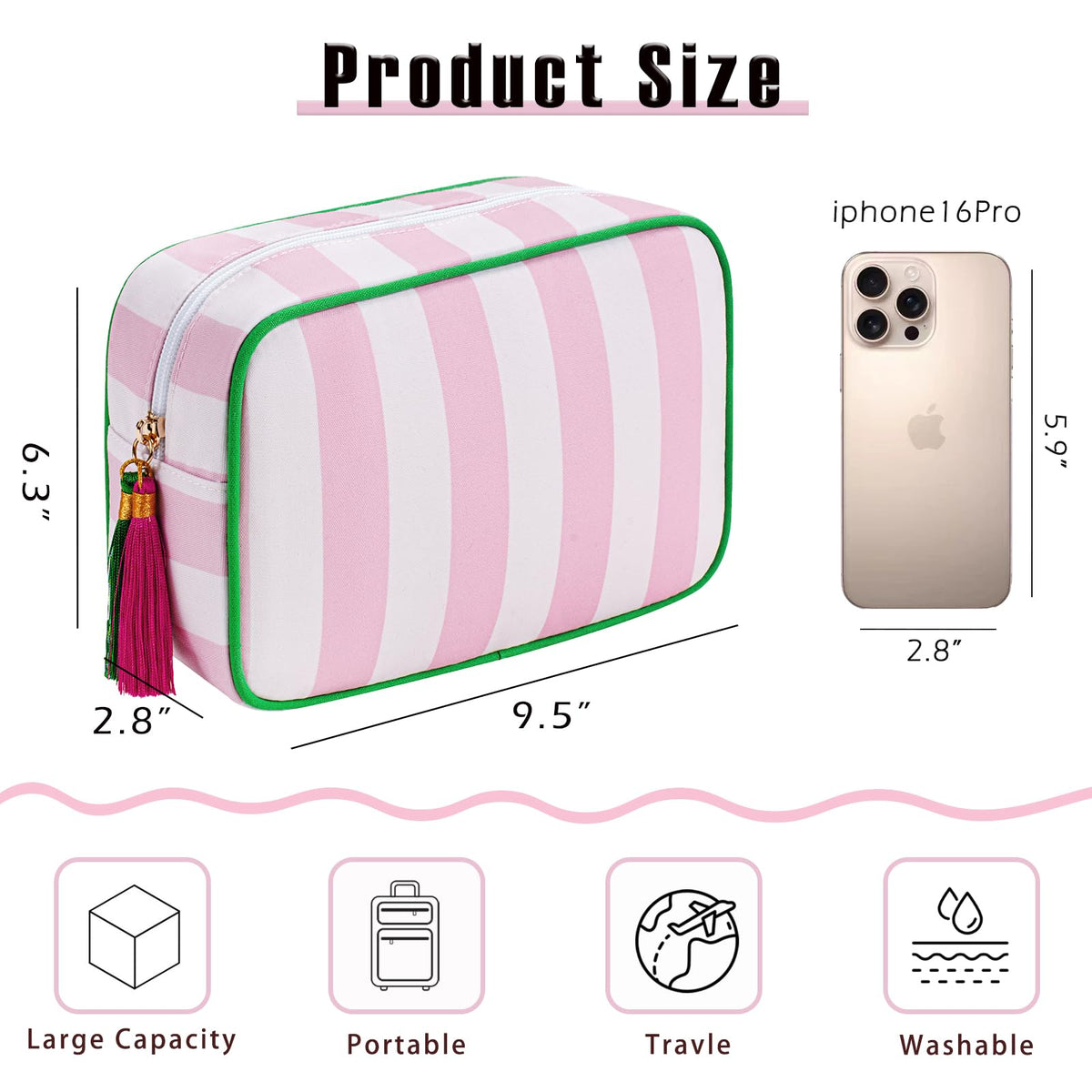 RSRSLEII Large Striped Travel Makeup Bag, Tassel Zippered Toiletry Bag,Pink - thewildfolk RSRSLEII Large Striped Travel Makeup Bag, Tassel Zippered Toiletry Bag,Pink