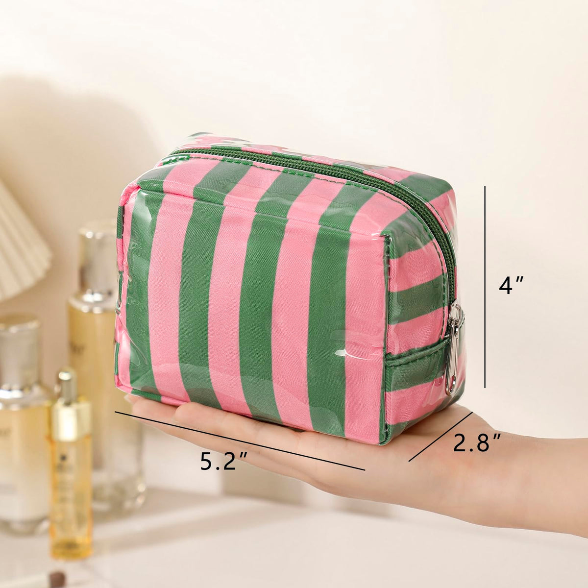 RSRSLEII Small Striped Makeup Bag for Purse, Mini Waterproof Clear Coated Cosmetic Bag, Cute Cosmetic Pouch for Women Girls, Key Pocket Lipstick Pouch Card Holder Data Cable Organizer(01Green&Pink) - thewildfolk RSRSLEII Small Striped Makeup Bag for Purse, Mini Waterproof Clear Coated Cosmetic Bag, Cute Cosmetic Pouch for Women Girls, Key Pocket Lipstick Pouch Card Holder Data Cable Organizer(01Green&Pink)