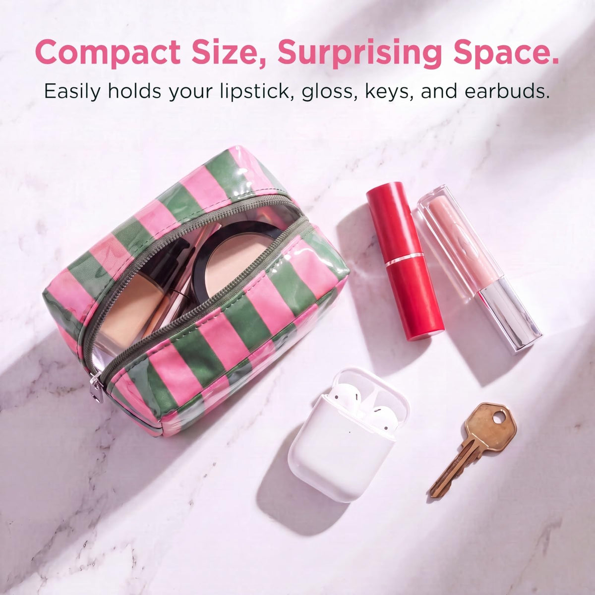RSRSLEII Small Striped Makeup Bag for Purse, Mini Waterproof Clear Coated Cosmetic Bag, Cute Cosmetic Pouch for Women Girls, Key Pocket Lipstick Pouch Card Holder Data Cable Organizer(01Green&Pink) - thewildfolk RSRSLEII Small Striped Makeup Bag for Purse, Mini Waterproof Clear Coated Cosmetic Bag, Cute Cosmetic Pouch for Women Girls, Key Pocket Lipstick Pouch Card Holder Data Cable Organizer(01Green&Pink)