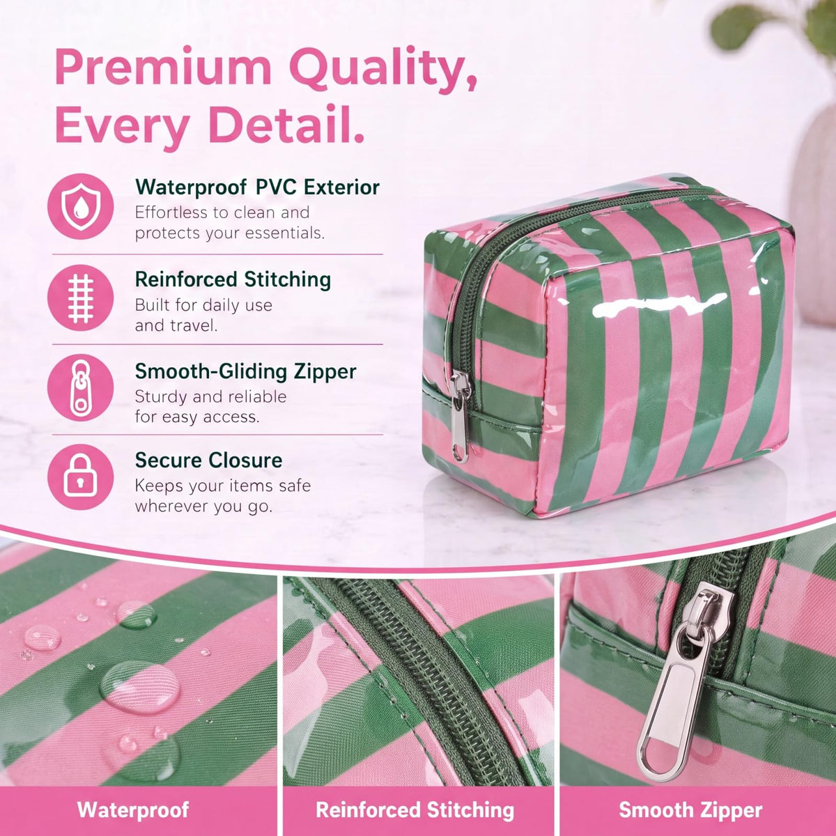 RSRSLEII Small Striped Makeup Bag for Purse, Mini Waterproof Clear Coated Cosmetic Bag, Cute Cosmetic Pouch for Women Girls, Key Pocket Lipstick Pouch Card Holder Data Cable Organizer(01Green&Pink) - thewildfolk RSRSLEII Small Striped Makeup Bag for Purse, Mini Waterproof Clear Coated Cosmetic Bag, Cute Cosmetic Pouch for Women Girls, Key Pocket Lipstick Pouch Card Holder Data Cable Organizer(01Green&Pink)
