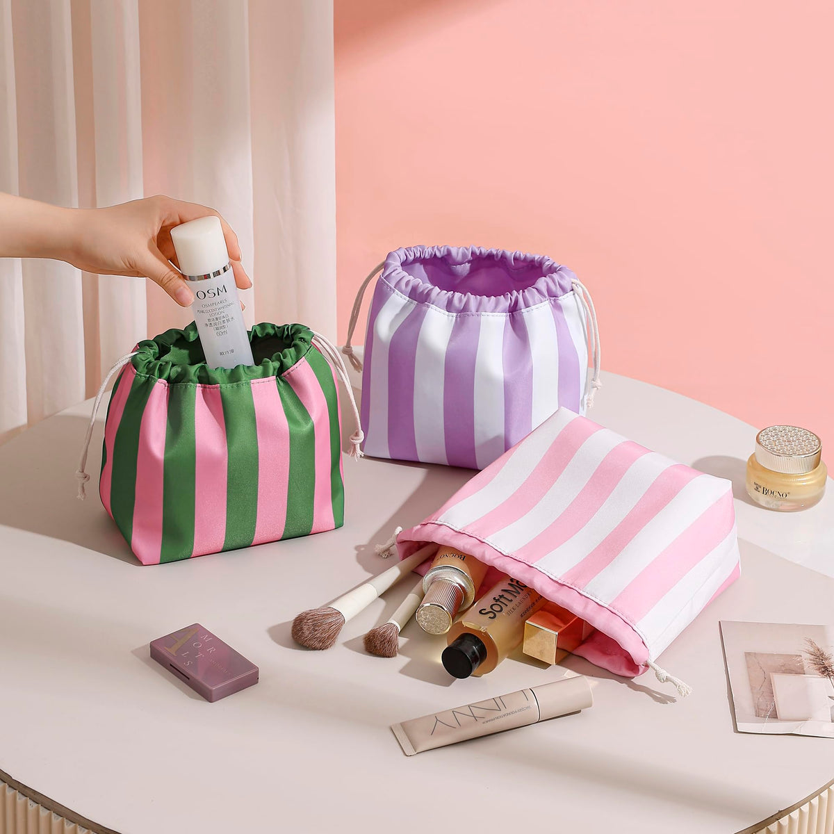 RSRSLEII Striped Drawstring Travel Makeup Bag, Waterproof Cosmetic Bag Toiletry Bag, Aesthetic Sunscreen Accessories Storage Organization, Beach Travel Purse for Women Girls(01Green&Pink) - thewildfolk RSRSLEII Striped Drawstring Travel Makeup Bag, Waterproof Cosmetic Bag Toiletry Bag, Aesthetic Sunscreen Accessories Storage Organization, Beach Travel Purse for Women Girls(01Green&Pink)