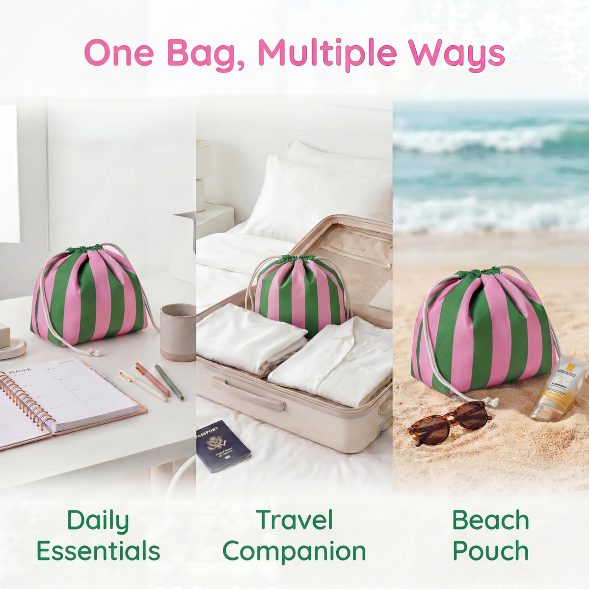RSRSLEII Striped Drawstring Travel Makeup Bag, Waterproof Cosmetic Bag Toiletry Bag, Aesthetic Sunscreen Accessories Storage Organization, Beach Travel Purse for Women Girls(01Green&Pink) - thewildfolk RSRSLEII Striped Drawstring Travel Makeup Bag, Waterproof Cosmetic Bag Toiletry Bag, Aesthetic Sunscreen Accessories Storage Organization, Beach Travel Purse for Women Girls(01Green&Pink)