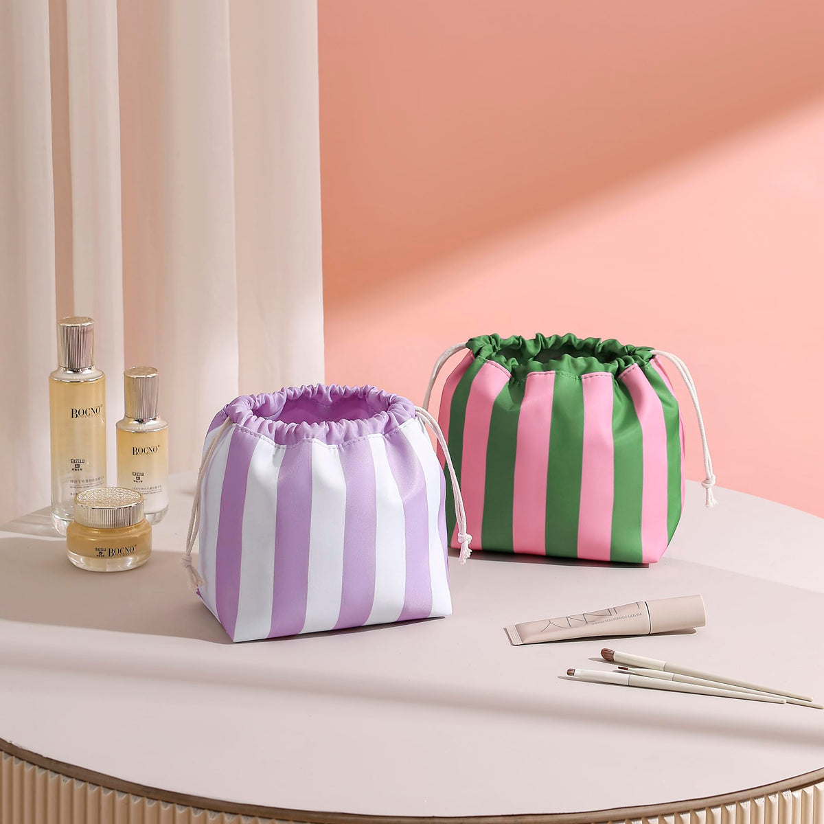 RSRSLEII Striped Drawstring Travel Makeup Bag, Waterproof Cosmetic Bag Toiletry Bag, Aesthetic Sunscreen Accessories Storage Organization, Beach Travel Purse for Women Girls(01Green&Pink) - thewildfolk RSRSLEII Striped Drawstring Travel Makeup Bag, Waterproof Cosmetic Bag Toiletry Bag, Aesthetic Sunscreen Accessories Storage Organization, Beach Travel Purse for Women Girls(01Green&Pink)