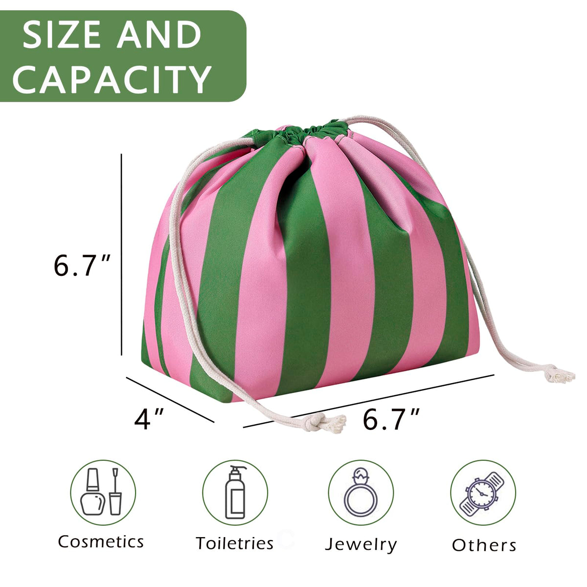 RSRSLEII Striped Drawstring Travel Makeup Bag, Waterproof Cosmetic Bag Toiletry Bag, Aesthetic Sunscreen Accessories Storage Organization, Beach Travel Purse for Women Girls(01Green&Pink) - thewildfolk RSRSLEII Striped Drawstring Travel Makeup Bag, Waterproof Cosmetic Bag Toiletry Bag, Aesthetic Sunscreen Accessories Storage Organization, Beach Travel Purse for Women Girls(01Green&Pink)