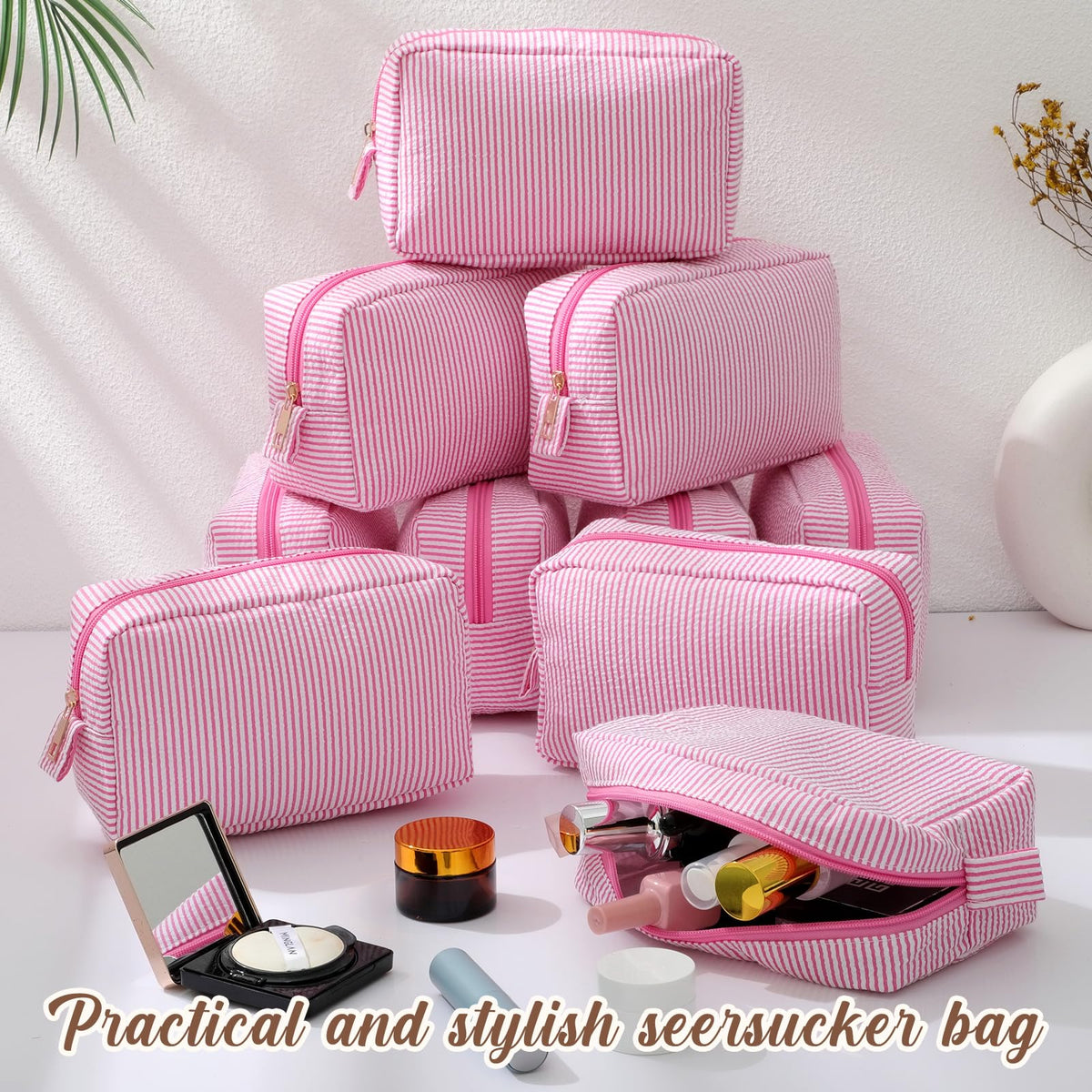 Sanwuta 10 Pcs Seersucker Cosmetic Bag Seersucker Makeup Bag Women Stripe Large Travel Toiletry Organizer Preppy Storage Pouch for Embroidery Wedding Bridesmaid Bride Mom (Pink) - thewildfolk Sanwuta 10 Pcs Seersucker Cosmetic Bag Seersucker Makeup Bag Women Stripe Large Travel Toiletry Organizer Preppy Storage Pouch for Embroidery Wedding Bridesmaid Bride Mom (Pink)