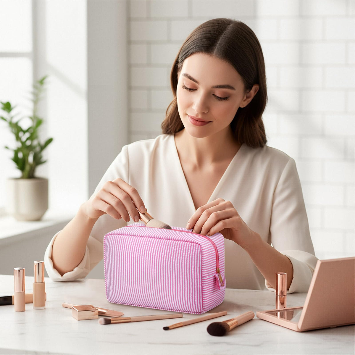 Sanwuta 10 Pcs Seersucker Cosmetic Bag Seersucker Makeup Bag Women Stripe Large Travel Toiletry Organizer Preppy Storage Pouch for Embroidery Wedding Bridesmaid Bride Mom (Pink) - thewildfolk Sanwuta 10 Pcs Seersucker Cosmetic Bag Seersucker Makeup Bag Women Stripe Large Travel Toiletry Organizer Preppy Storage Pouch for Embroidery Wedding Bridesmaid Bride Mom (Pink)