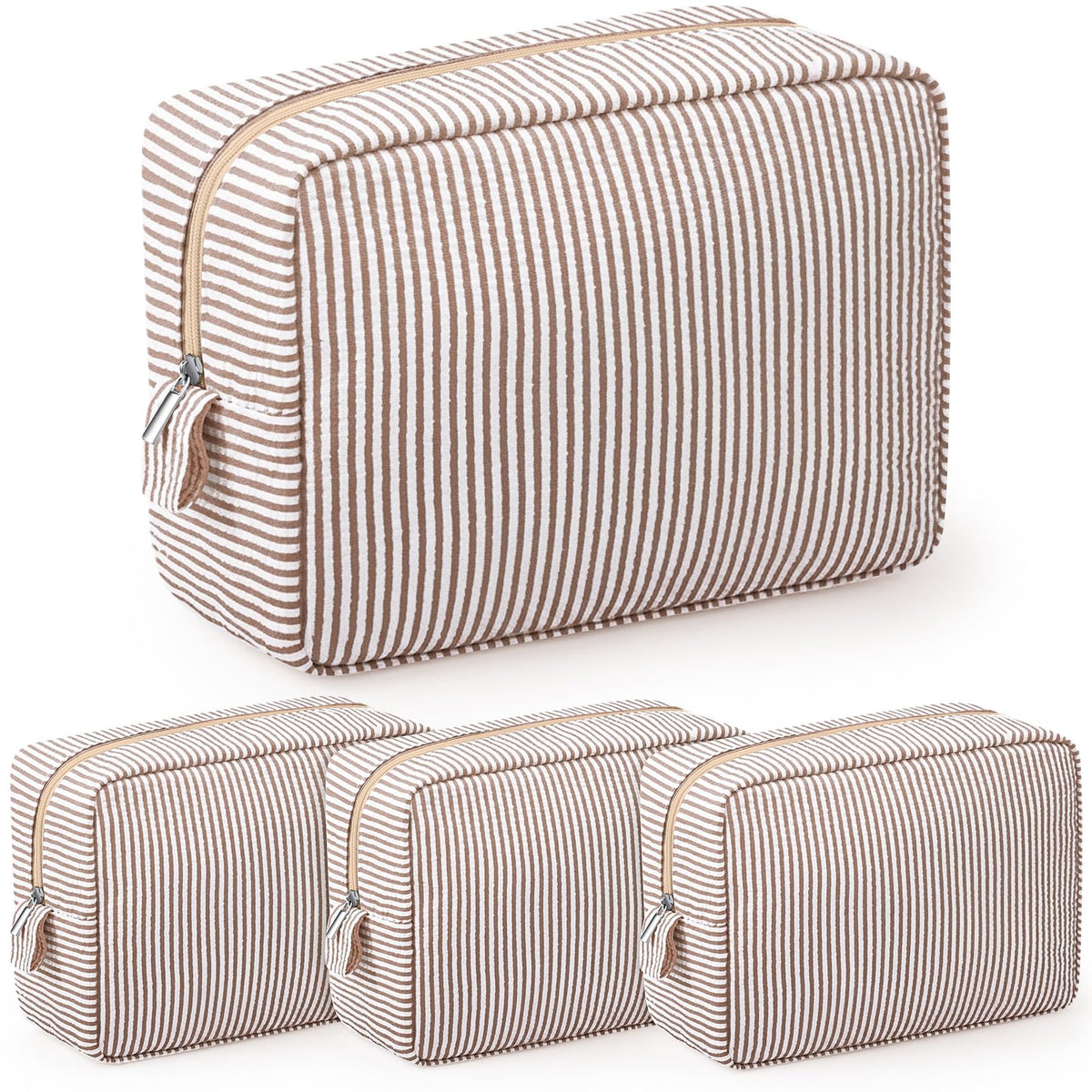 Sanwuta 3 Pcs Seersucker Makeup Bags Seersucker Cosmetic Bags Striped Women Large Travel Toiletry Organizer Preppy Storage Pouch for Embroidery Wedding Bridesmaid Gifts(Khaki) - thewildfolk Sanwuta 3 Pcs Seersucker Makeup Bags Seersucker Cosmetic Bags Striped Women Large Travel Toiletry Organizer Preppy Storage Pouch for Embroidery Wedding Bridesmaid Gifts(Khaki)