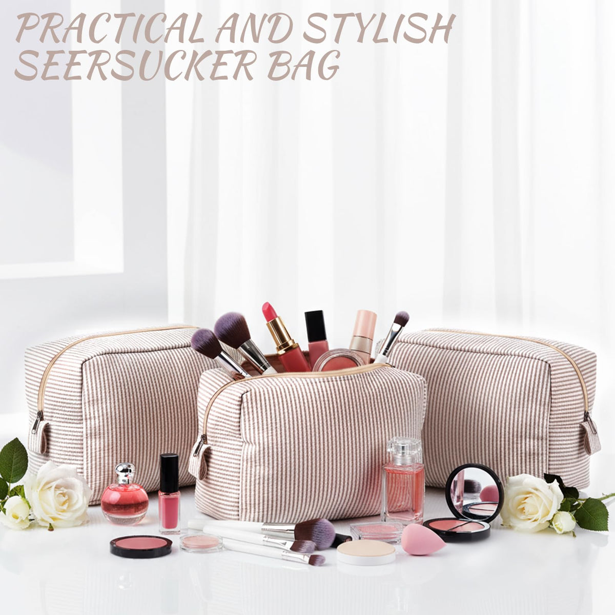Sanwuta 3 Pcs Seersucker Makeup Bags Seersucker Cosmetic Bags Striped Women Large Travel Toiletry Organizer Preppy Storage Pouch for Embroidery Wedding Bridesmaid Gifts(Khaki) - thewildfolk Sanwuta 3 Pcs Seersucker Makeup Bags Seersucker Cosmetic Bags Striped Women Large Travel Toiletry Organizer Preppy Storage Pouch for Embroidery Wedding Bridesmaid Gifts(Khaki)