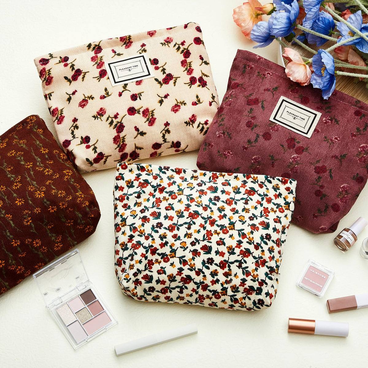 Sanwuta 4 Pcs Corduroy Cosmetic Bags Floral Makeup Bag Corduroy Cosmetic Pouch Flower Travel Toiletry Zipper Bag Large Capacity Aesthetic Purse Organizer Cute Handbags for Women, Girls Gifts, 4 Styles - thewildfolk Sanwuta 4 Pcs Corduroy Cosmetic Bags Floral Makeup Bag Corduroy Cosmetic Pouch Flower Travel Toiletry Zipper Bag Large Capacity Aesthetic Purse Organizer Cute Handbags for Women, Girls Gifts, 4 Styles