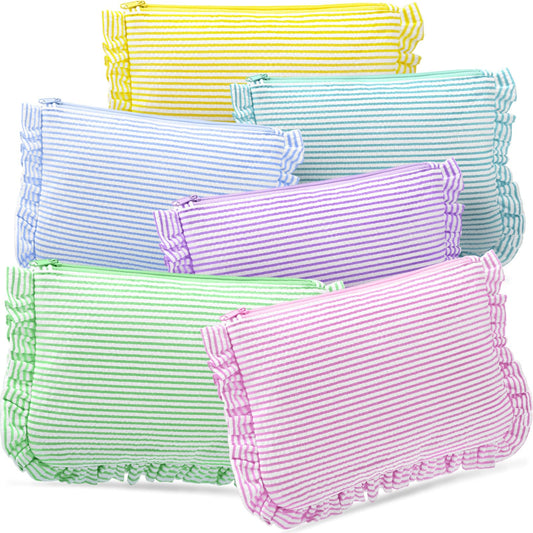 Sanwuta 6 Pcs Seersucker Cosmetic Bag Bulk Striped Ruffle Makeup Bag for Women with Zipper Cute Travel Toiletry Organizer Preppy Storage Pouch for Wedding Embroidery Bridesmaid Gifts(Multiple Colors) - thewildfolk Sanwuta 6 Pcs Seersucker Cosmetic Bag Bulk Striped Ruffle Makeup Bag for Women with Zipper Cute Travel Toiletry Organizer Preppy Storage Pouch for Wedding Embroidery Bridesmaid Gifts(Multiple Colors)