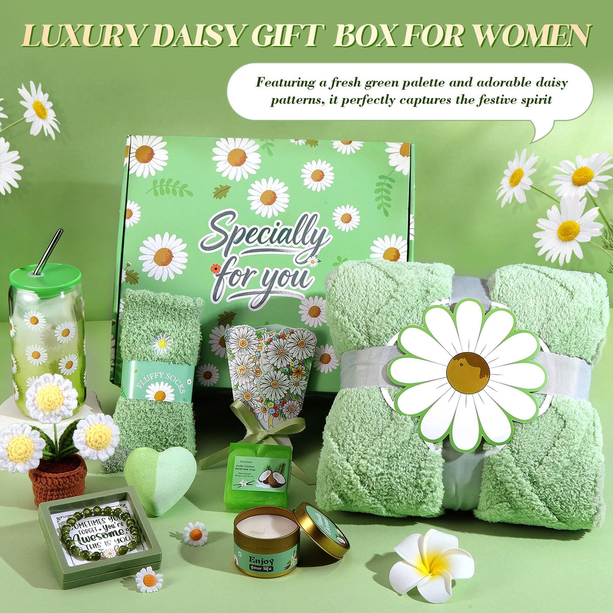 Self Care Gift Basket for Women with Blanket & Tumbler, Daisy Spa Gift Box - thewildfolk Self Care Gift Basket for Women with Blanket & Tumbler, Daisy Spa Gift Box